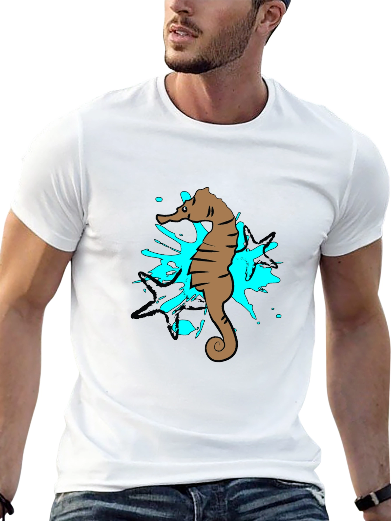 Seahorse Splash Graphic T-Shirt - Black Cotton Tee
