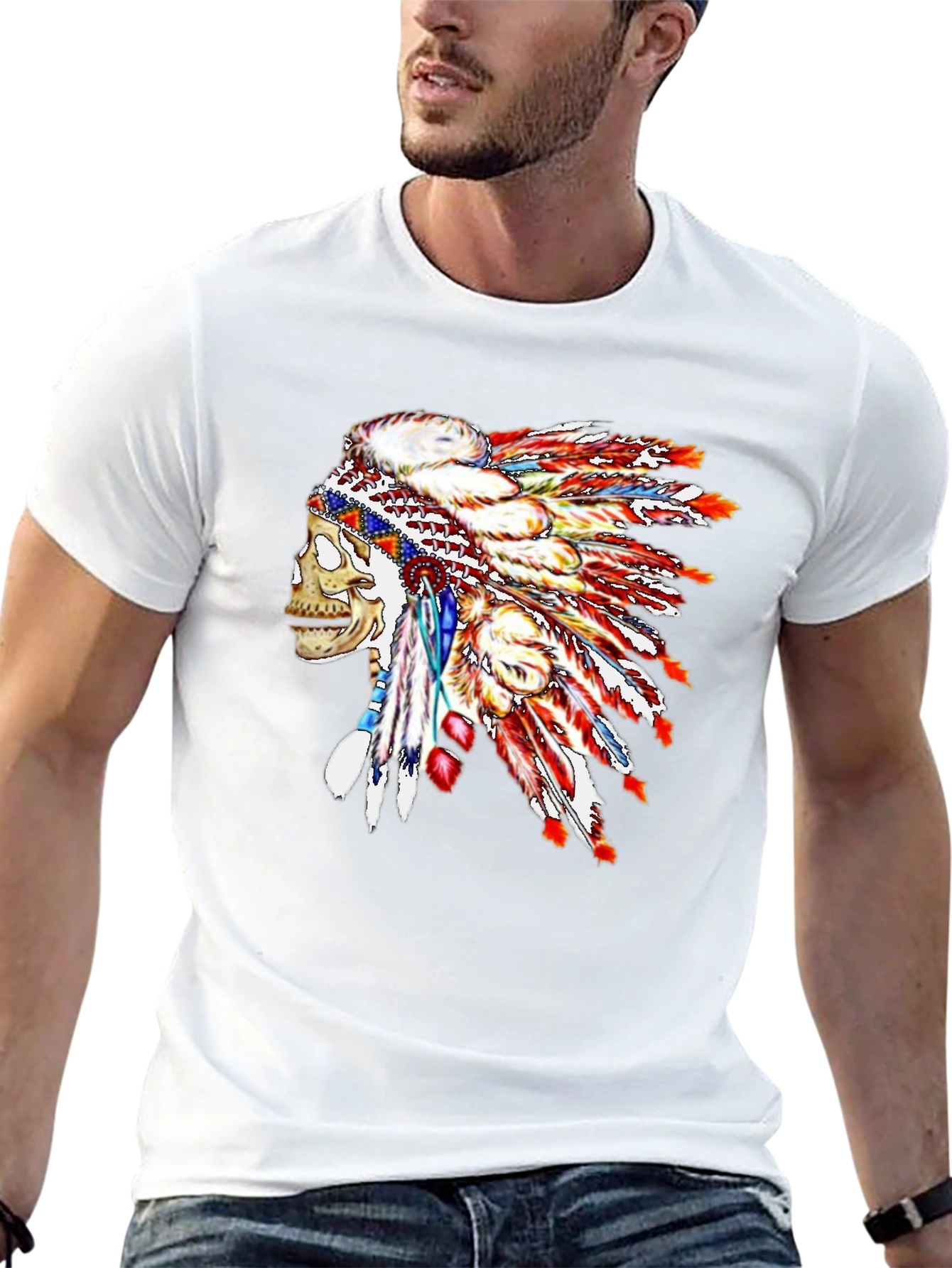 Skull Chief Headdress Graphic Tee - Black Cotton Blend