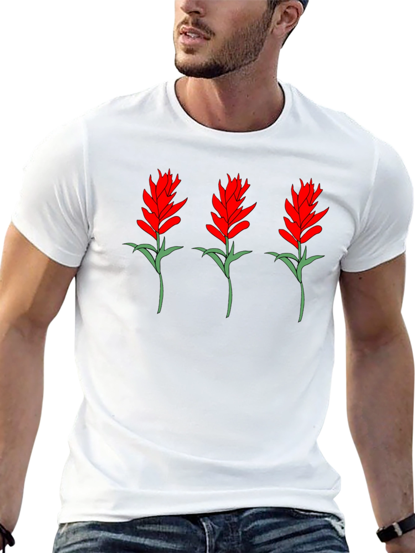Floral Print Tee - Red Flower Bouquet Design