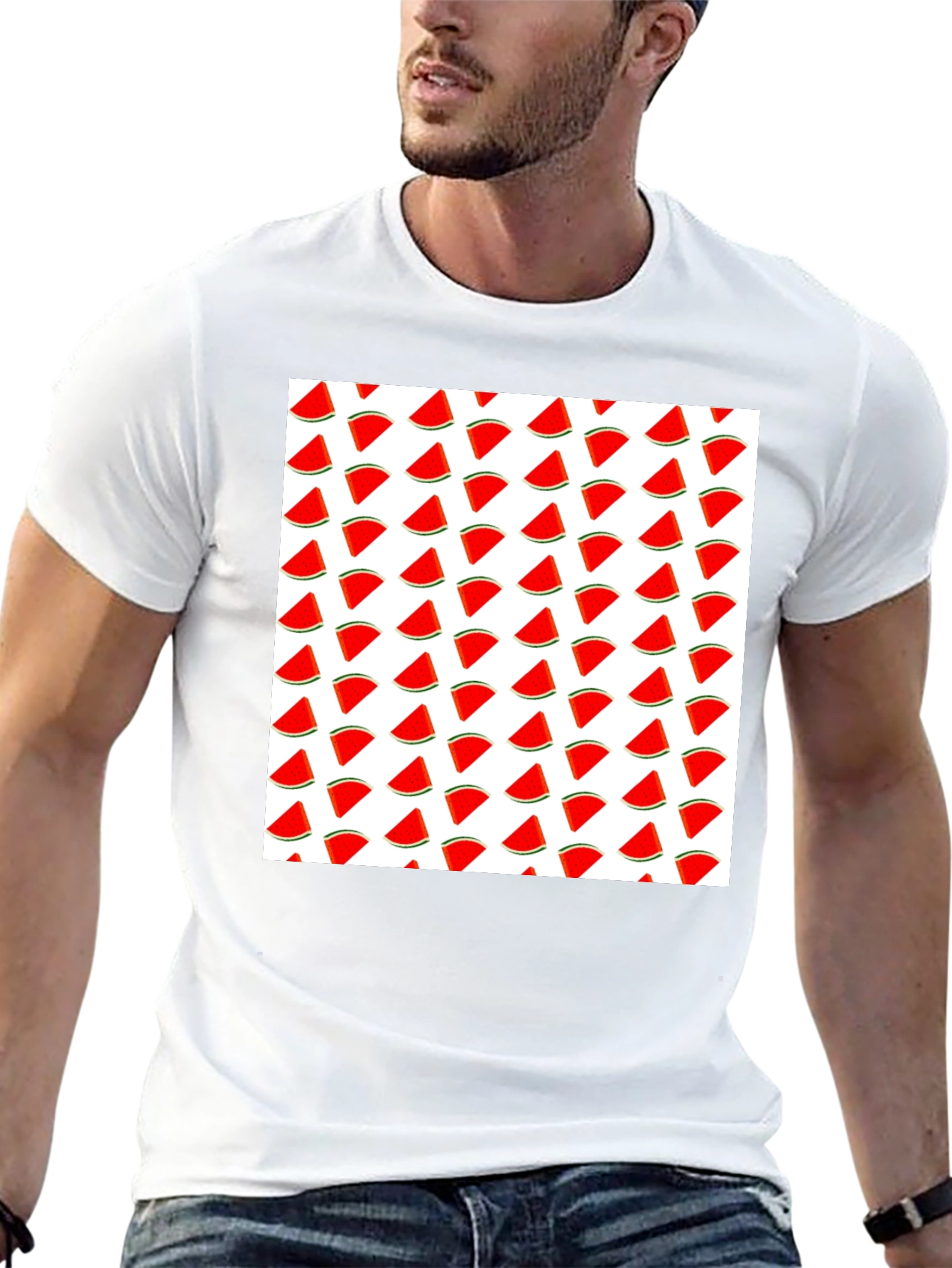 Watermelon Slice Pattern T-Shirt - Black Cotton Tee