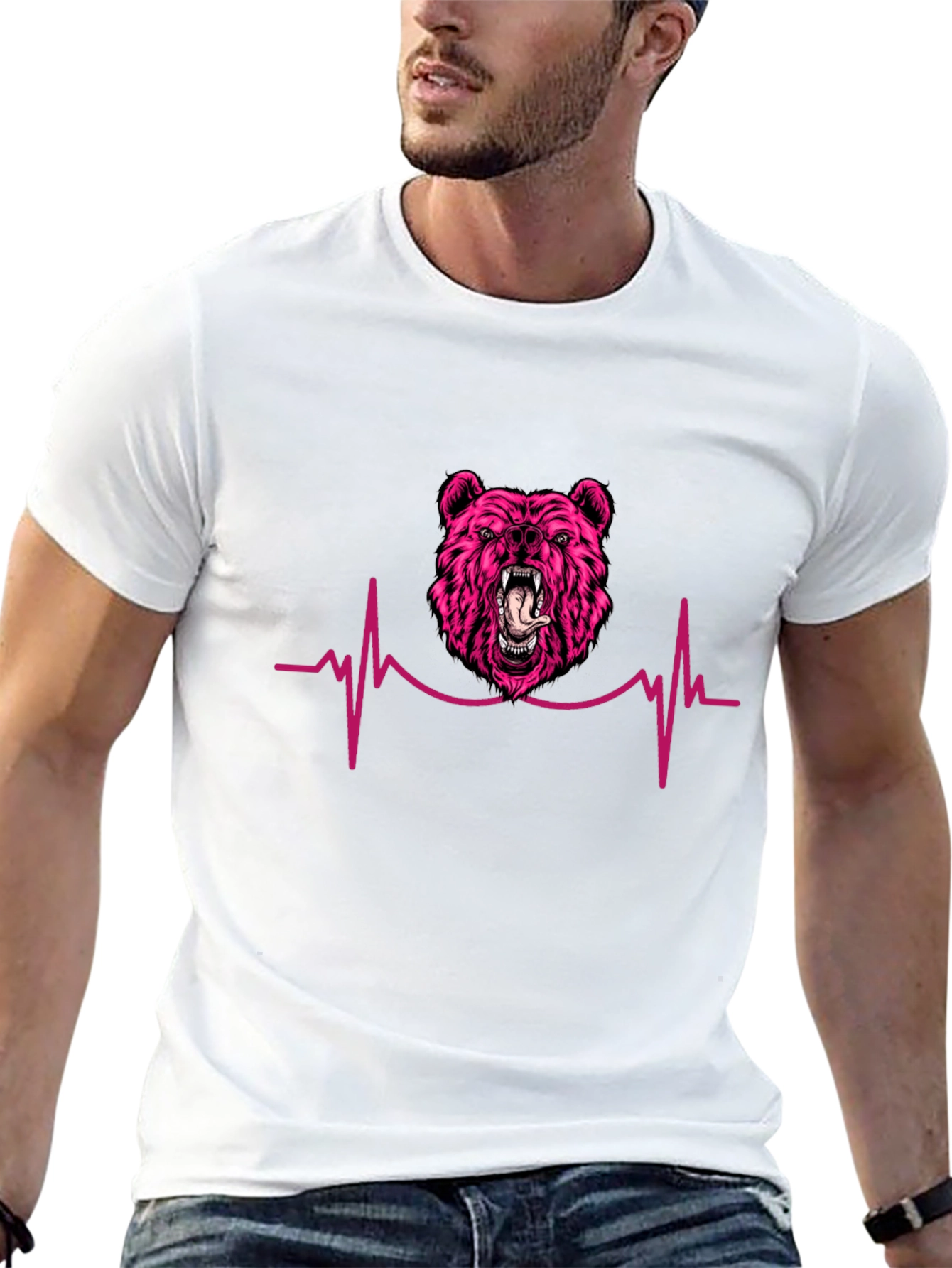 Pink Bear Heartbeat Black T-Shirt