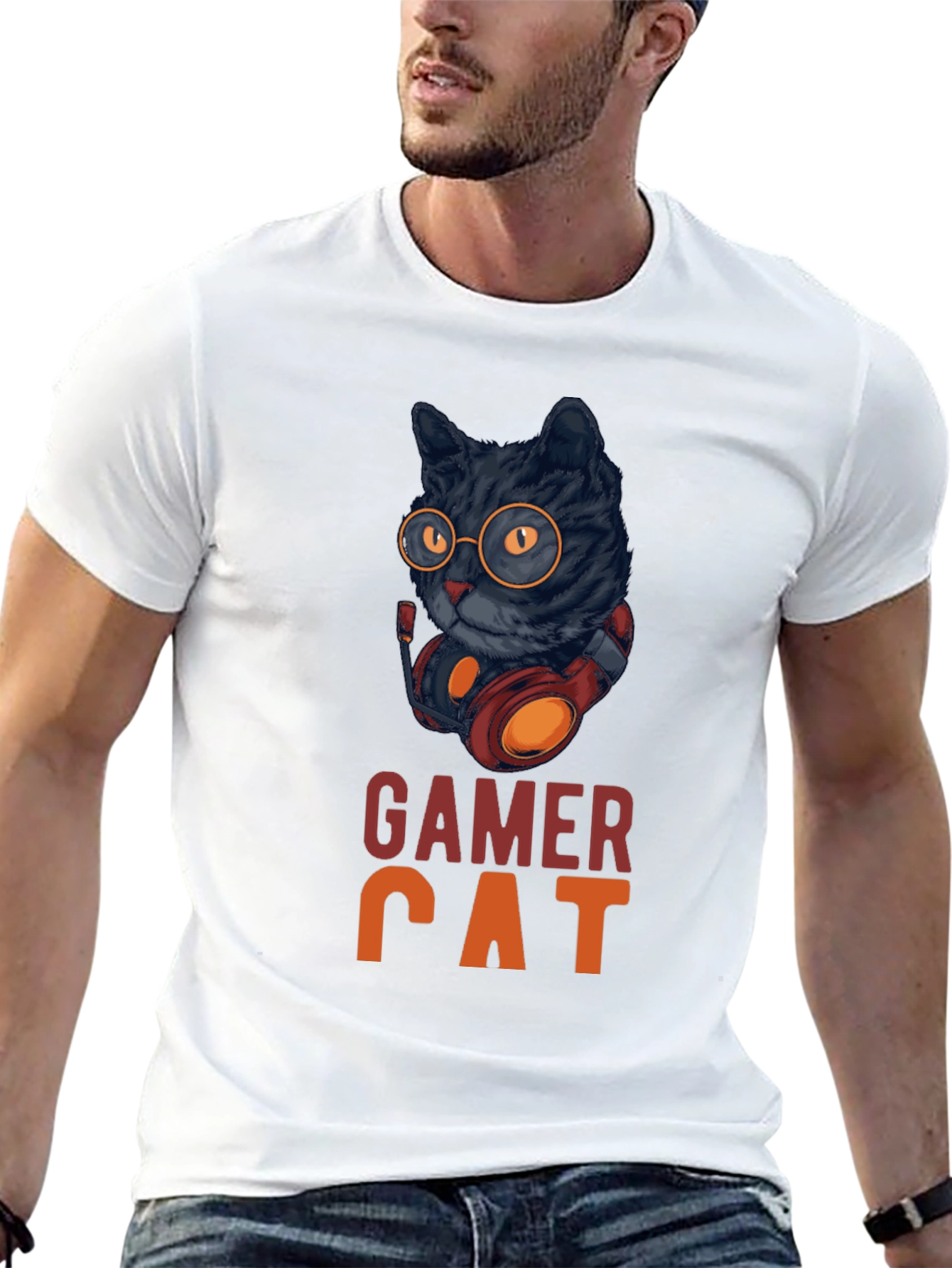 Gamer Cat Graphic Tee - Cool Cat With Headset
