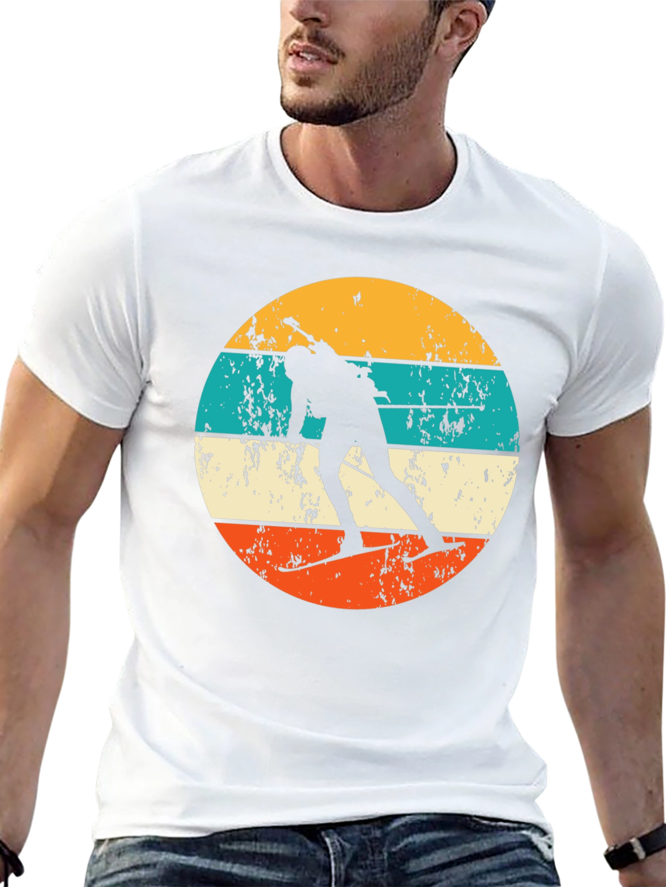 Retro Biathlon T-Shirt - Distressed Skiing Silhouette