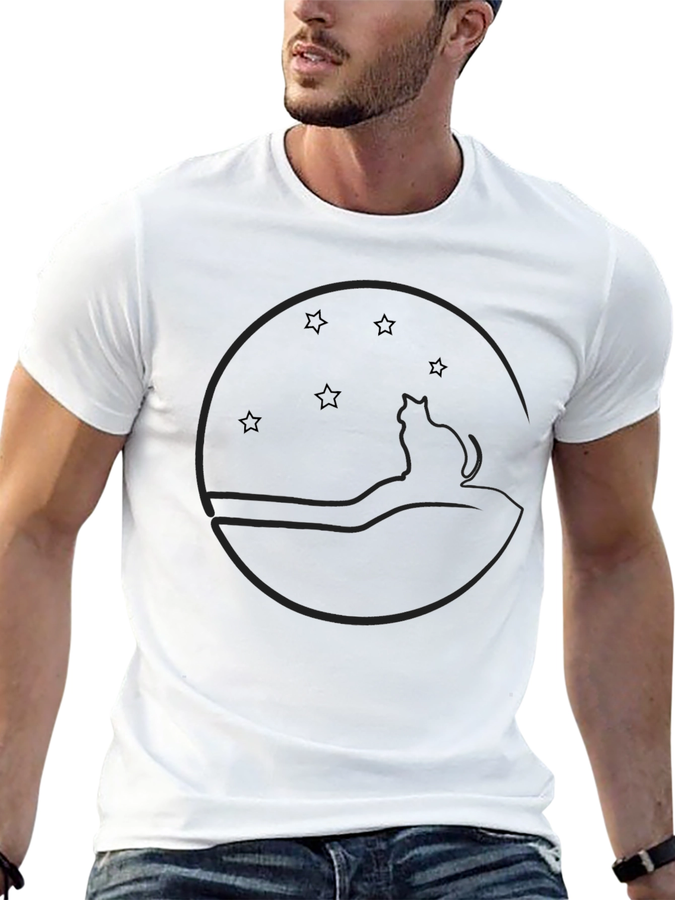 Cat & Stars Graphic Black T-Shirt - Unisex Style