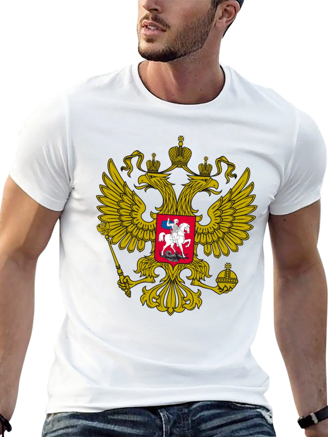 Black Tee with Russian Coat of Arms Graphic