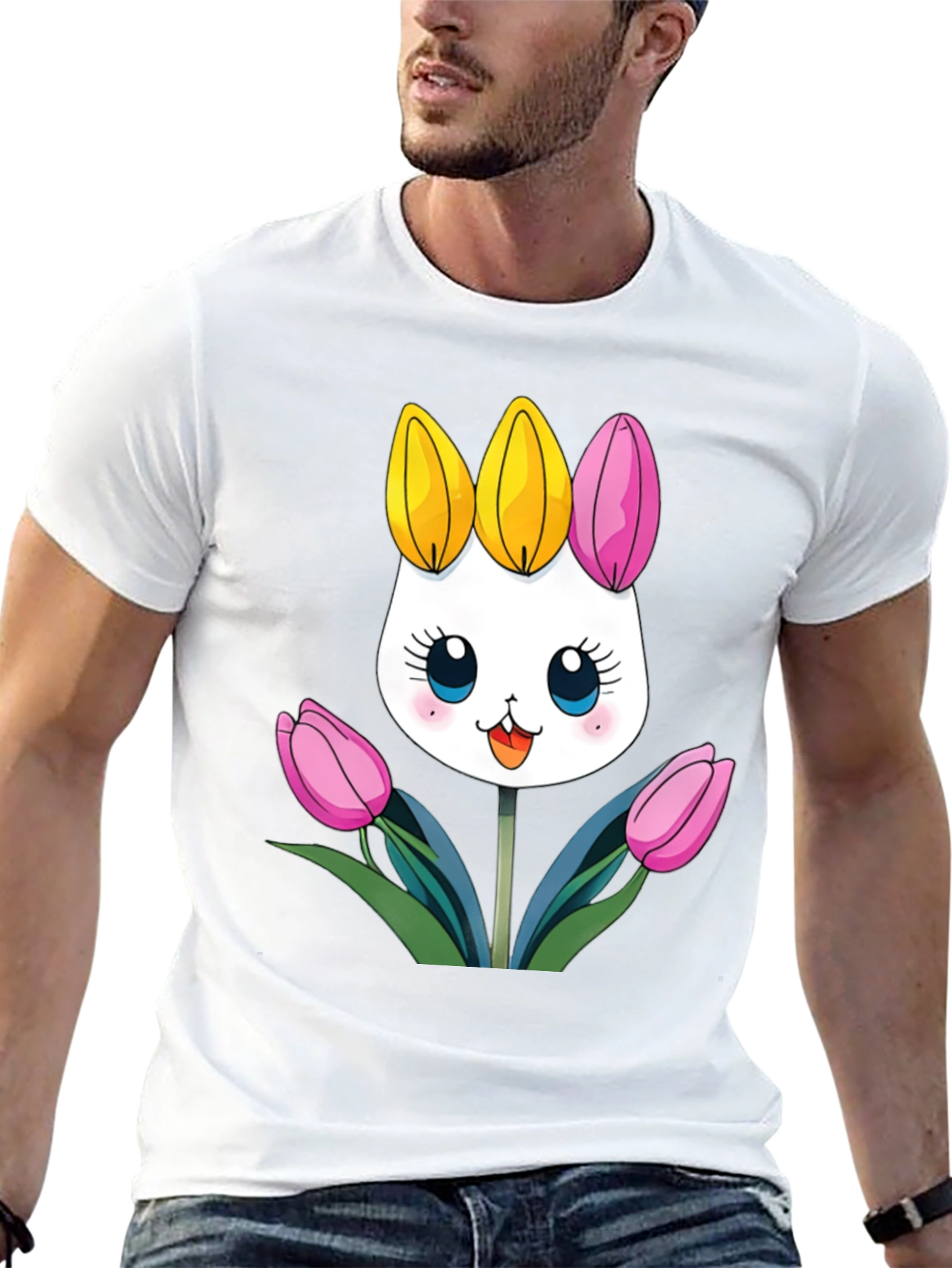 Cute Cartoon Bunny Tulips Black T-Shirt