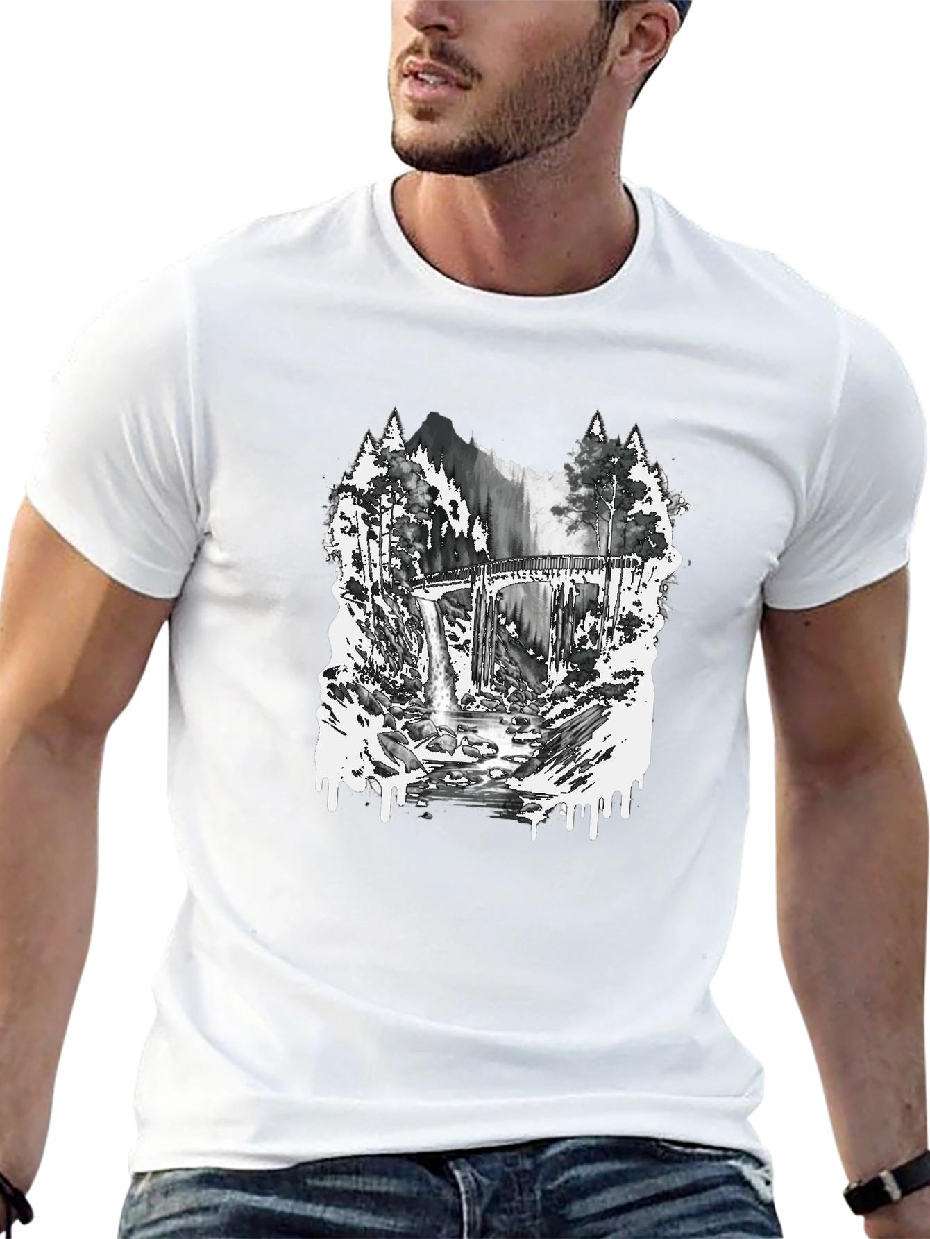 Nature Scene Graphic Tee - Bridge and Waterfall