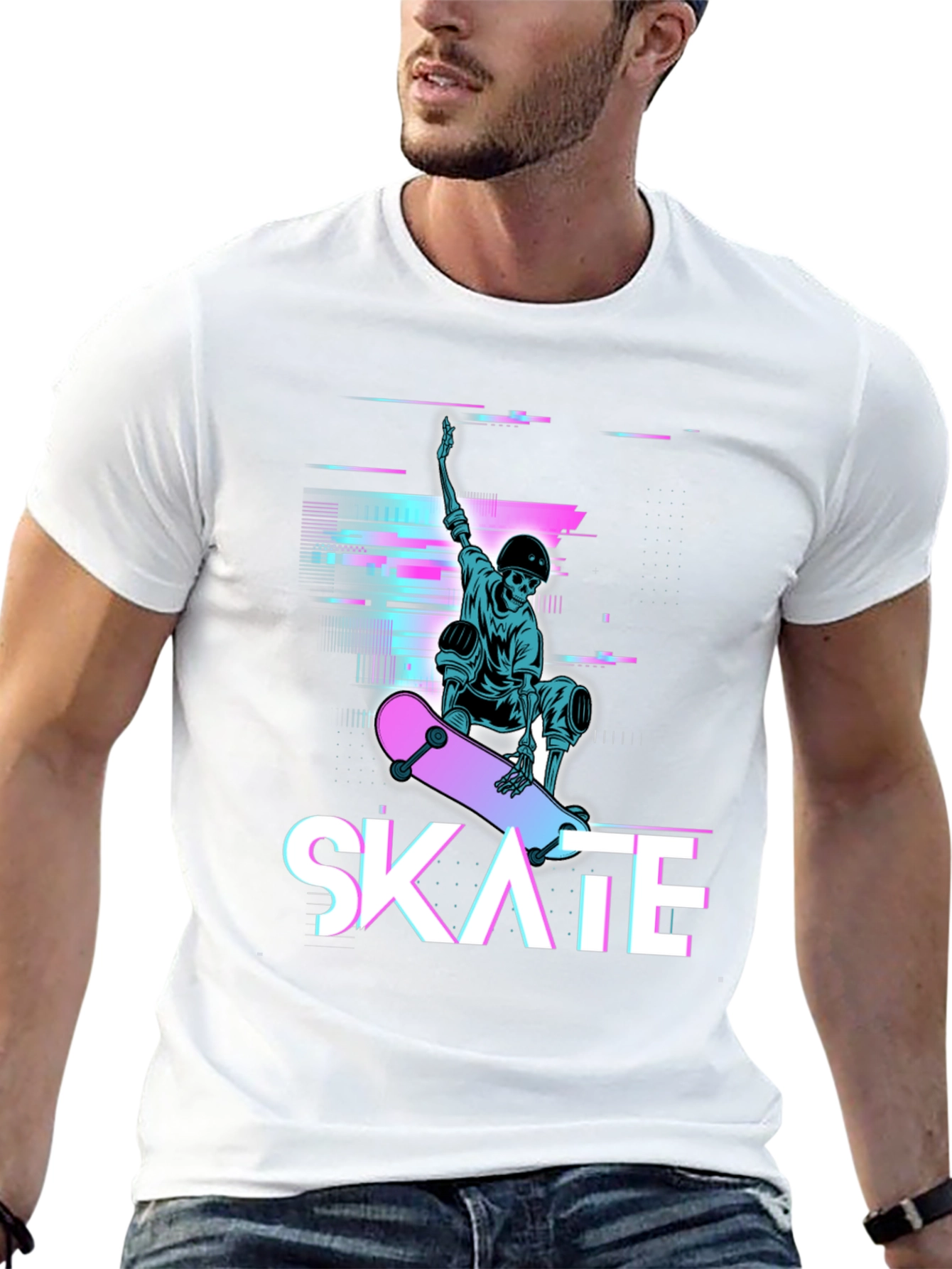 Skate Skeleton Graphic Tee - Cool Glitch Style T-Shirt