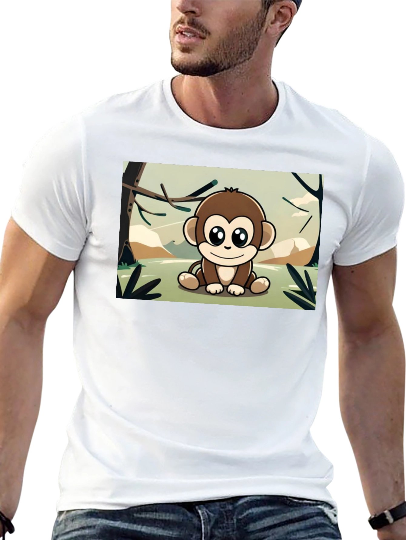 Cute Monkey Cartoon Graphic Tee - Soft Black T-Shirt