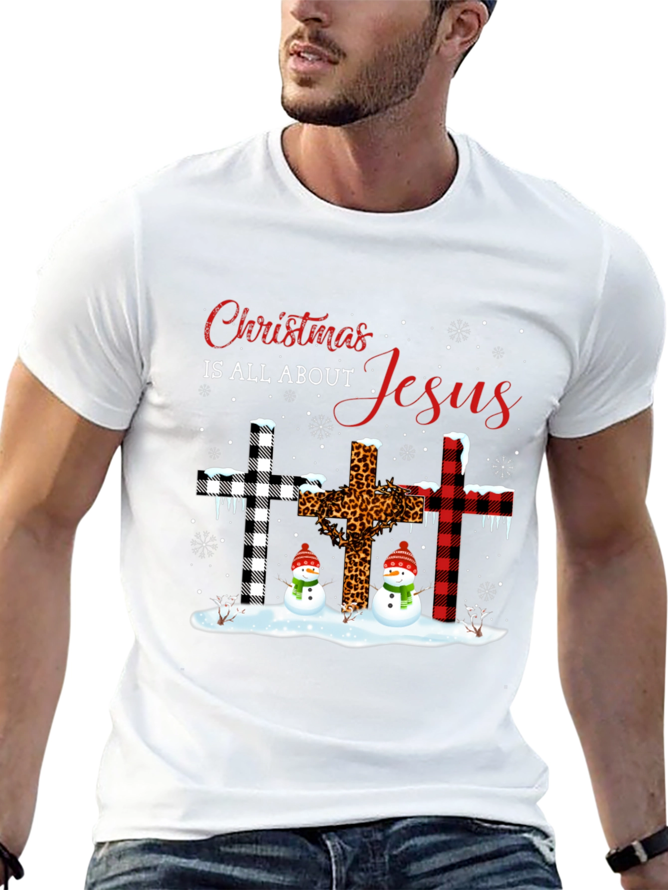 Christmas Jesus Crosses Snowmen Black T-Shirt