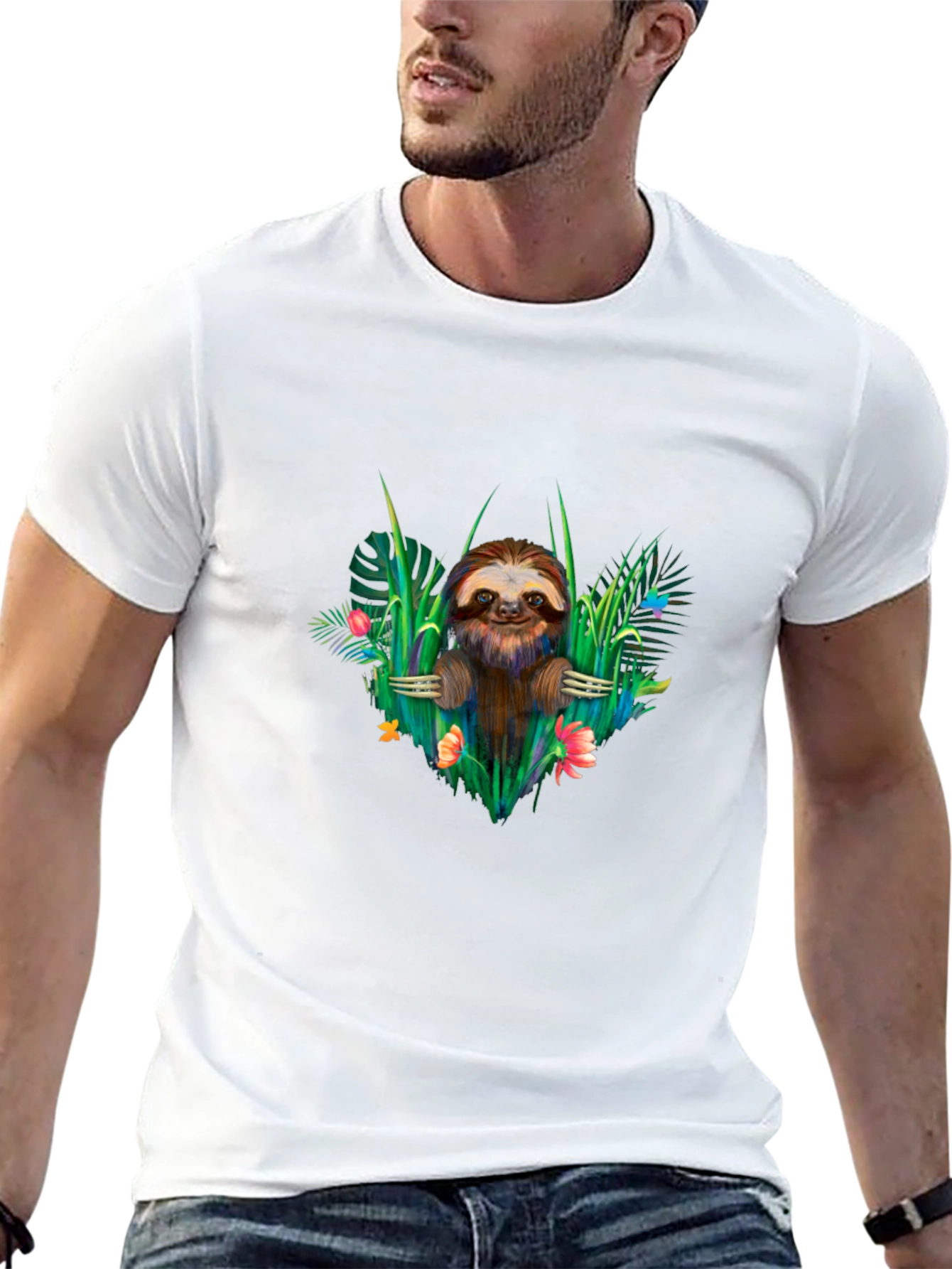 Sloth & Floral Black T-Shirt - Tropical Vibes