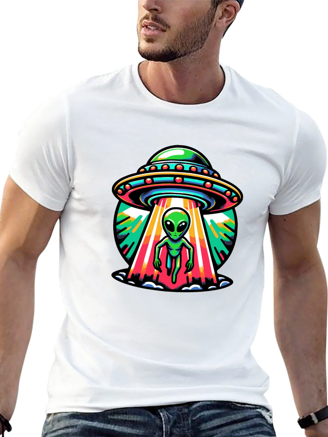 UFO Alien Abduction Graphic Tee - Black Cotton T-Shirt
