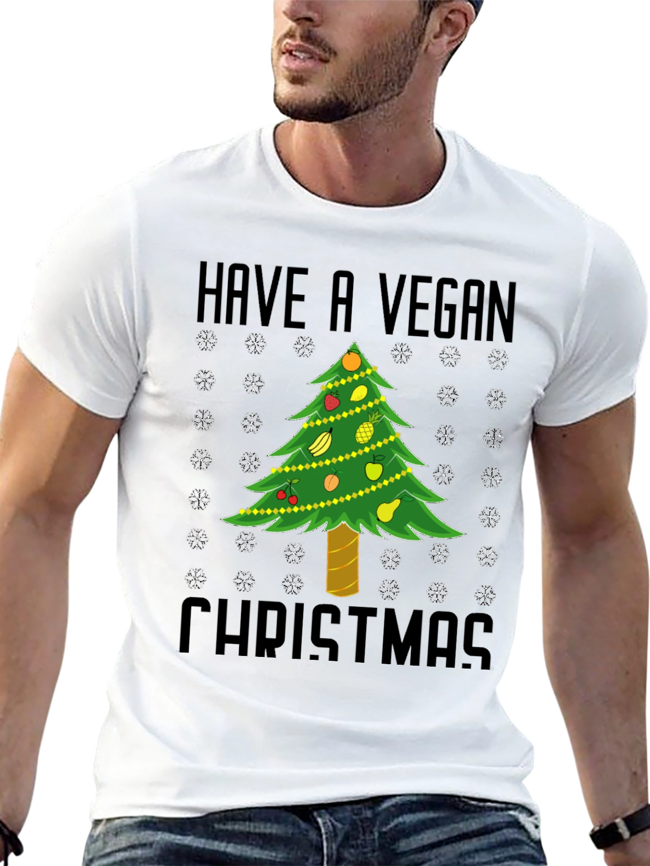 Vegan Christmas T-Shirt - Holiday Tree Fruit Design