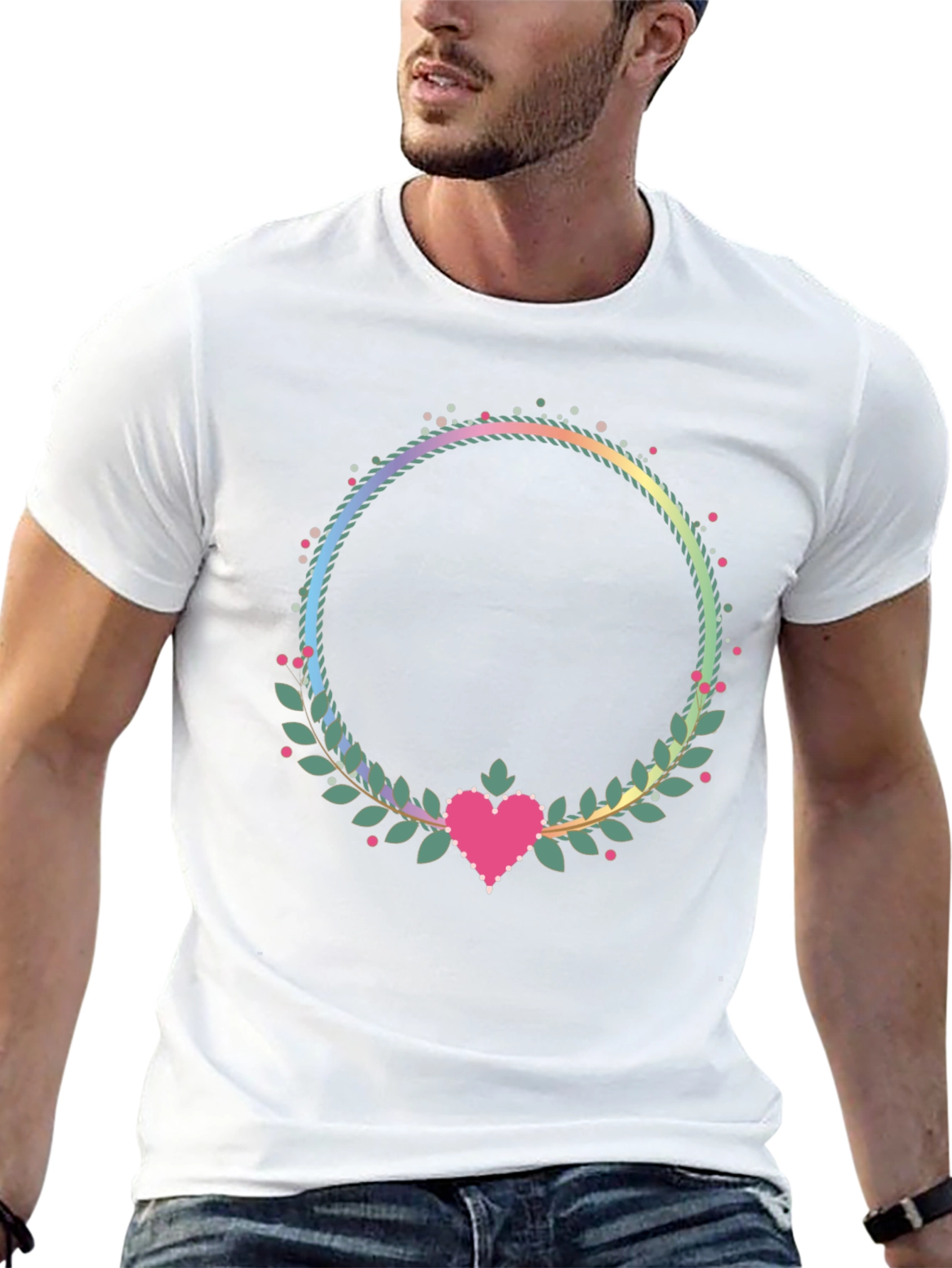 Floral Heart Wreath Graphic Black T-Shirt