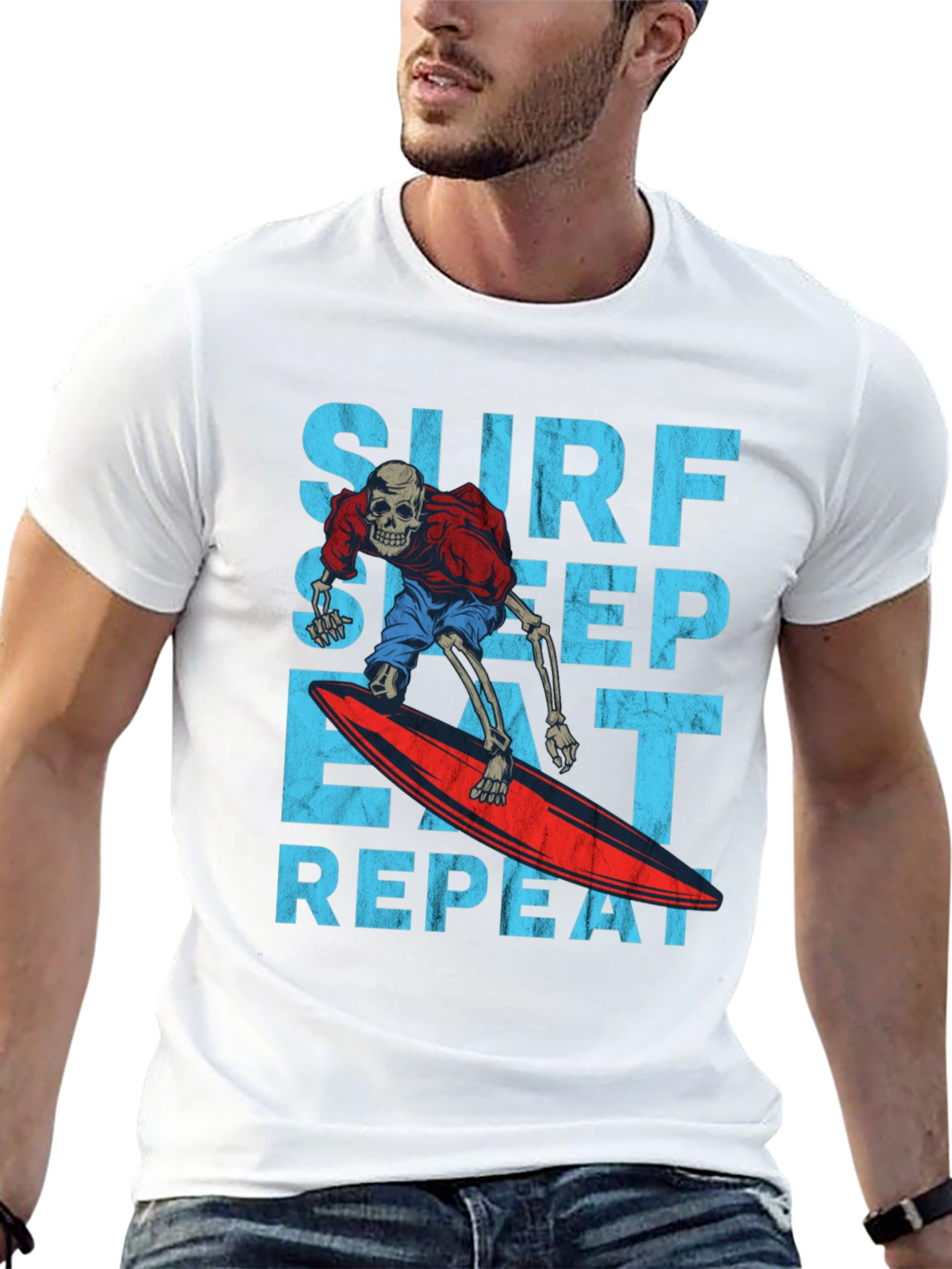 Surf Sleep Eat Repeat Skeleton Surfer Graphic Tee
