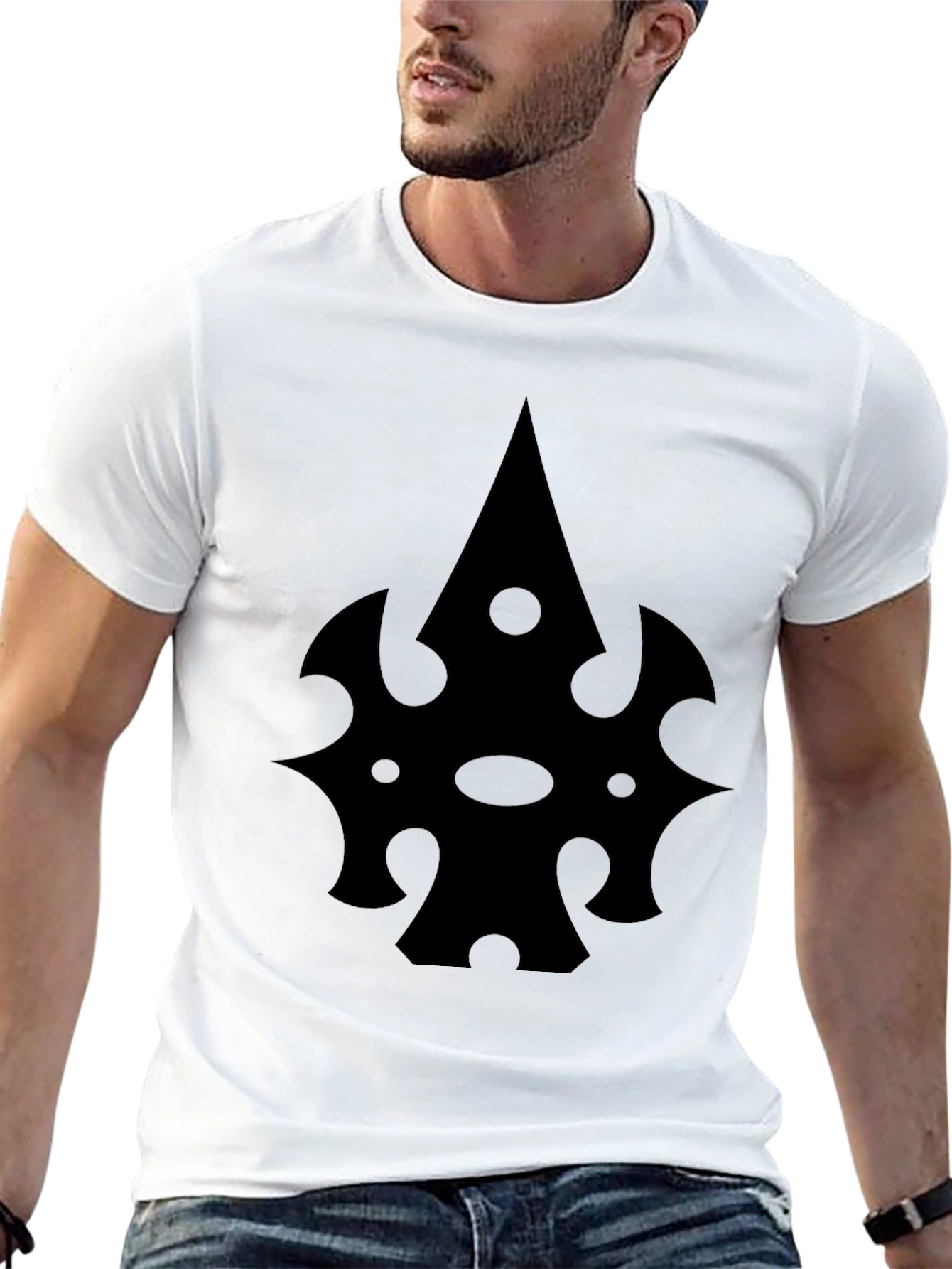 Black T-Shirt with Abstract Spade-Like Graphic
