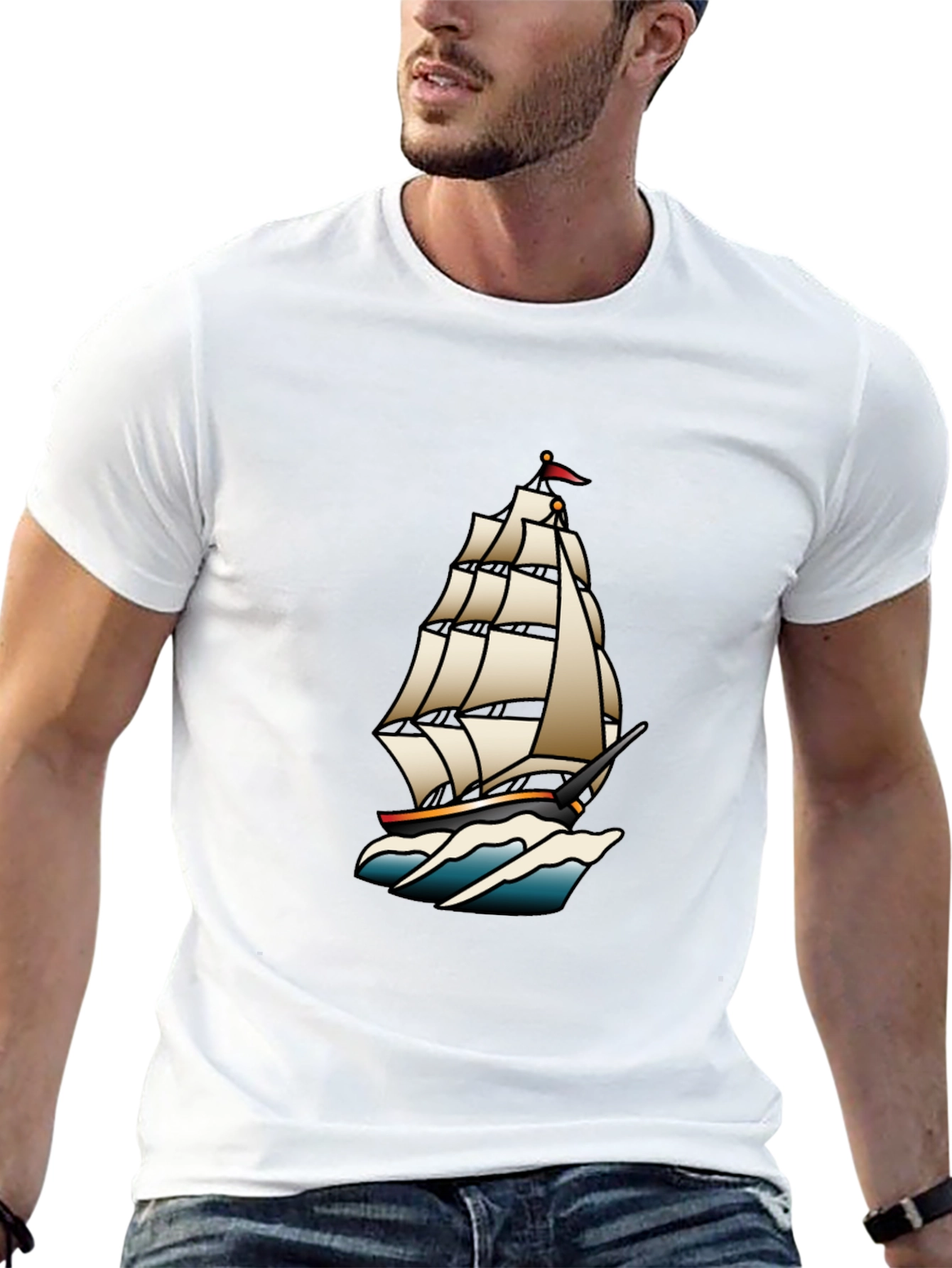 Classic Black T-Shirt with Traditional Ship Tattoo Design