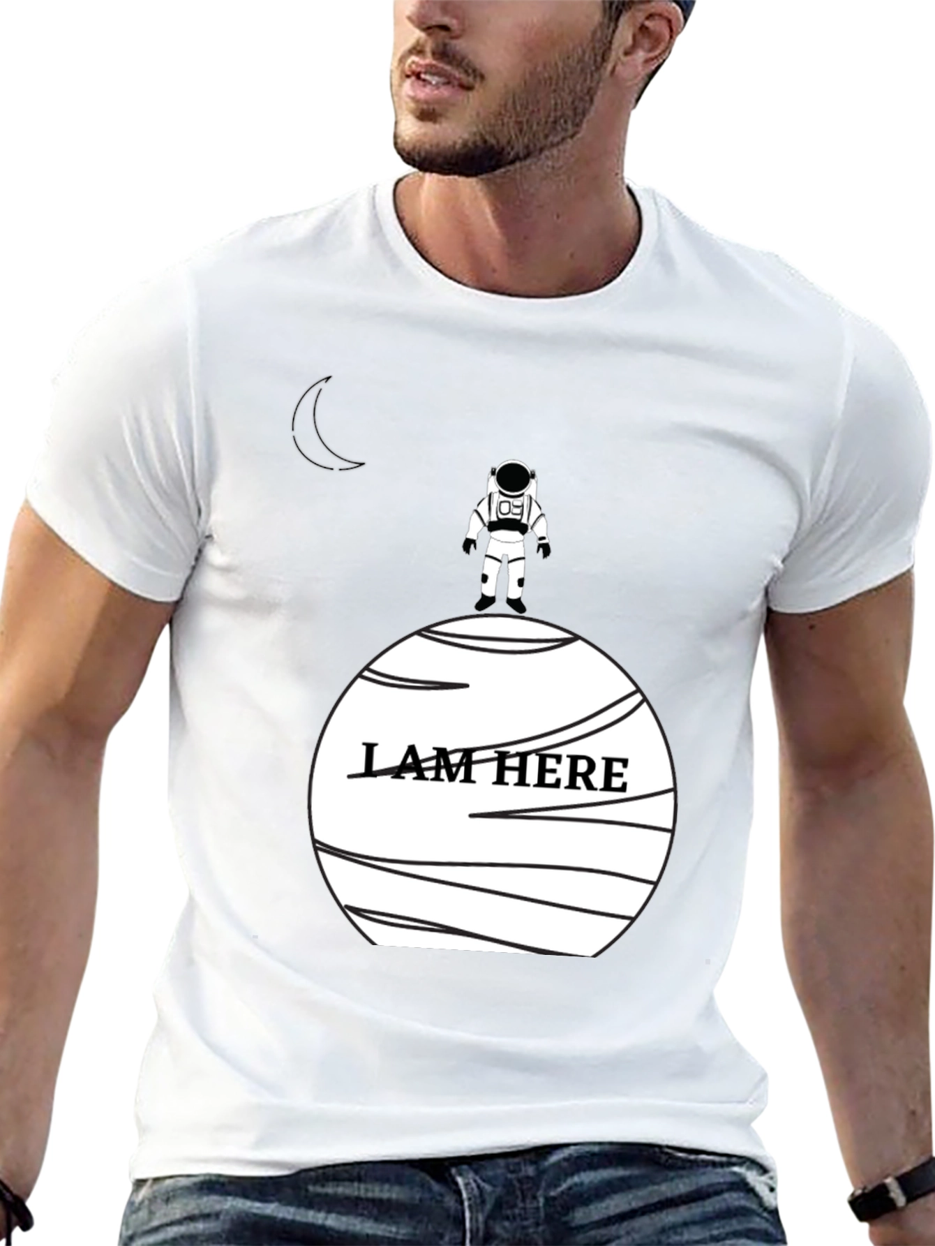 Astronaut I Am Here Graphic Black T-Shirt