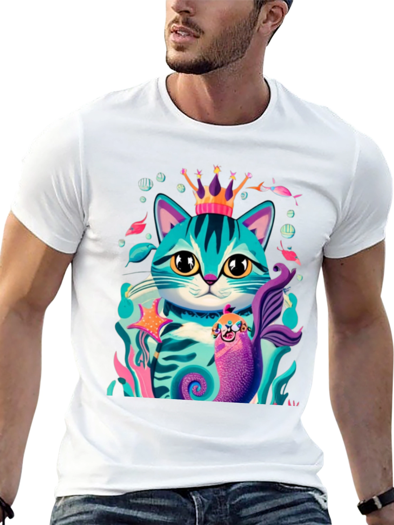 Cartoon Cat Mermaid Graphic Tee - Stylish Black T-Shirt