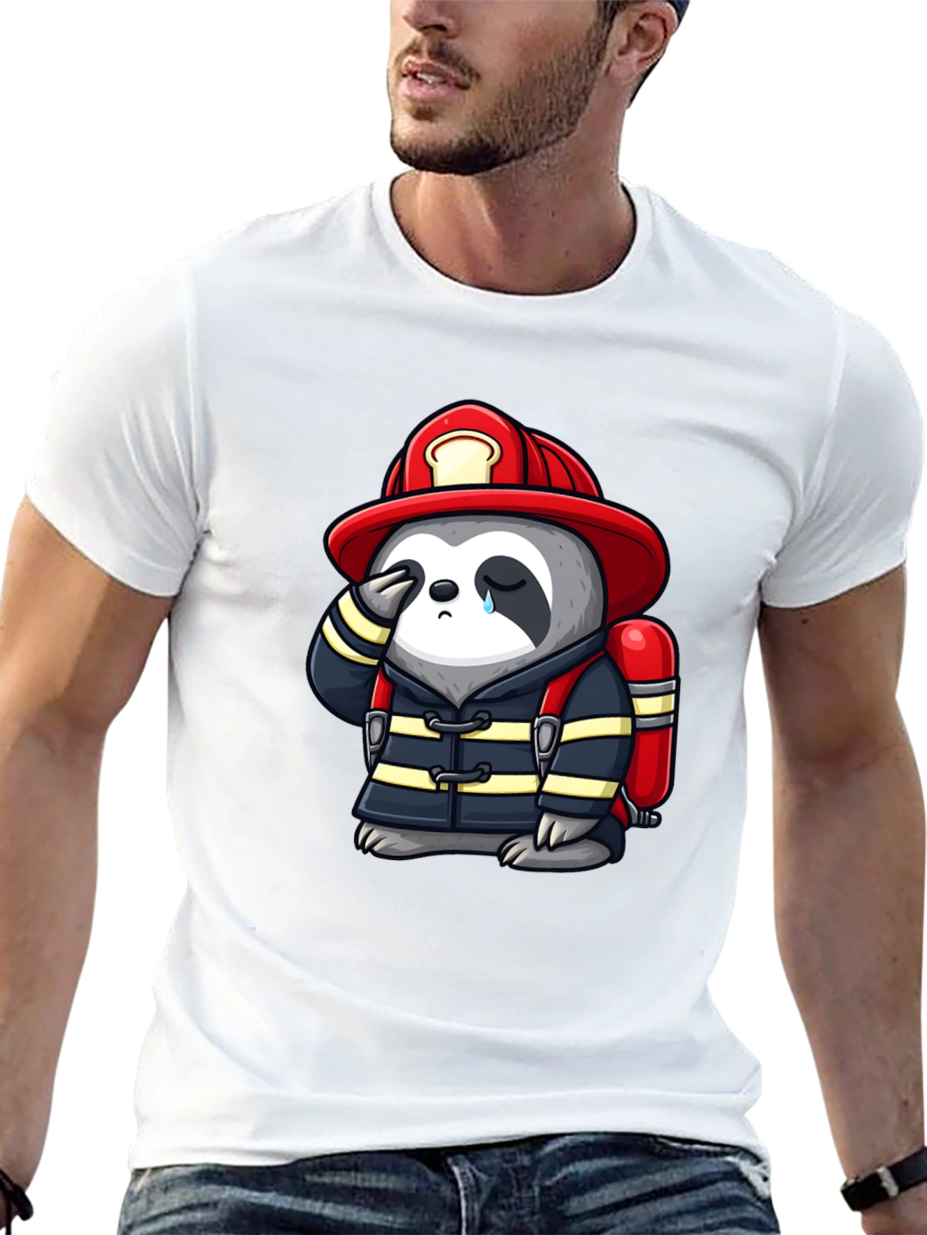 Sad Firefighter Sloth Graphic T-Shirt