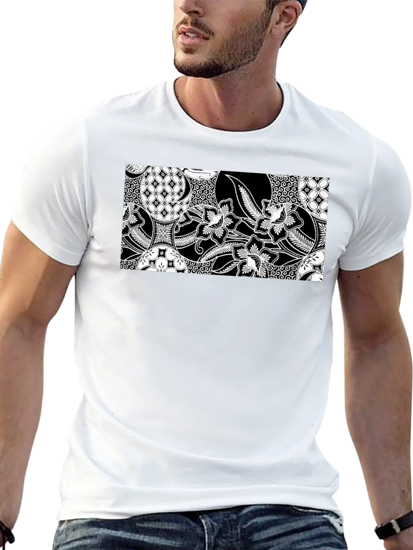 Black T-Shirt with Batik-Inspired Graphic Print