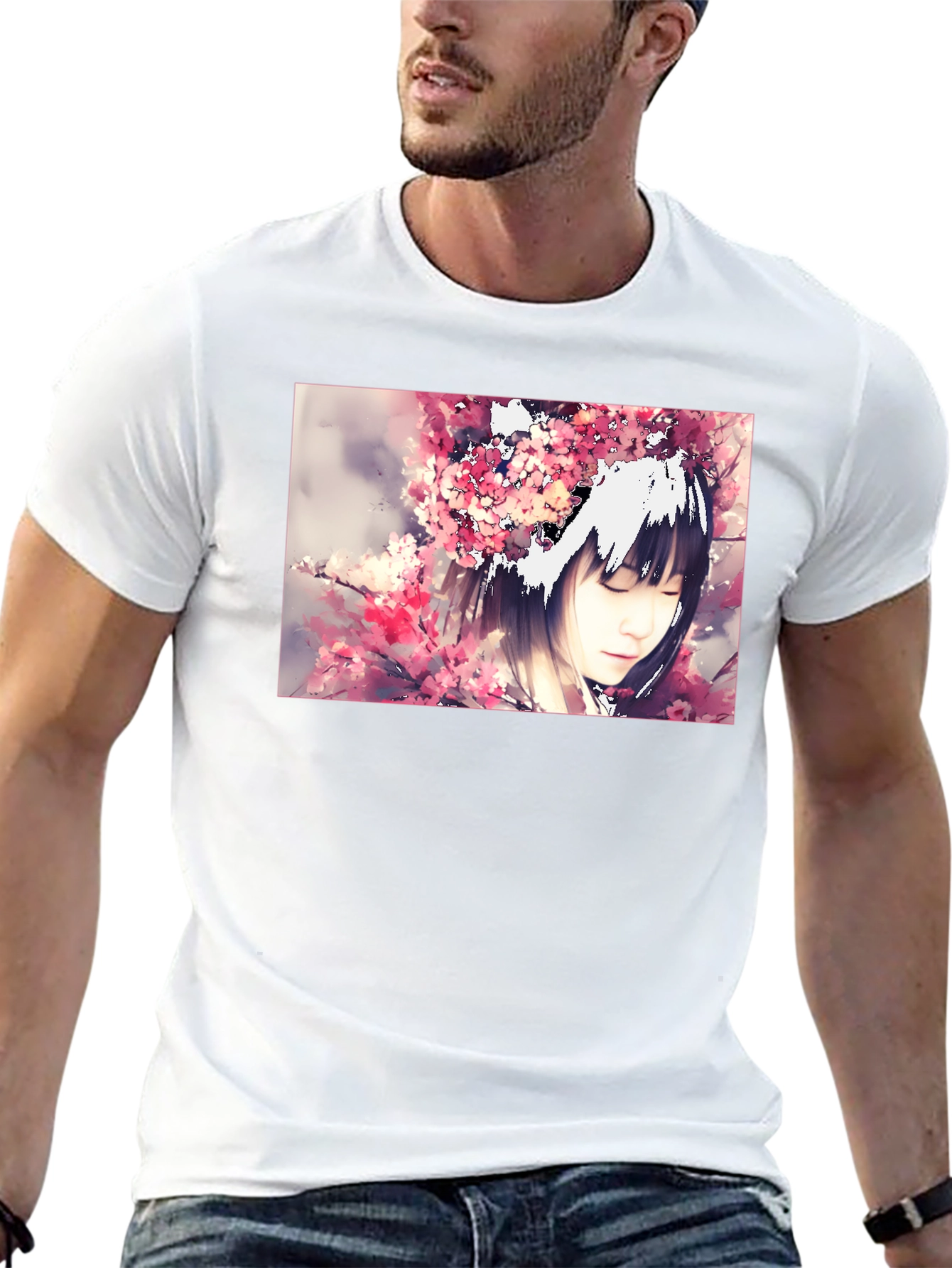 Anime Girl Cherry Blossom Black T-Shirt