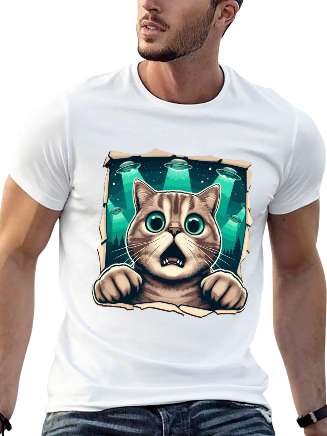 Alien Abduction Cat Graphic T-Shirt