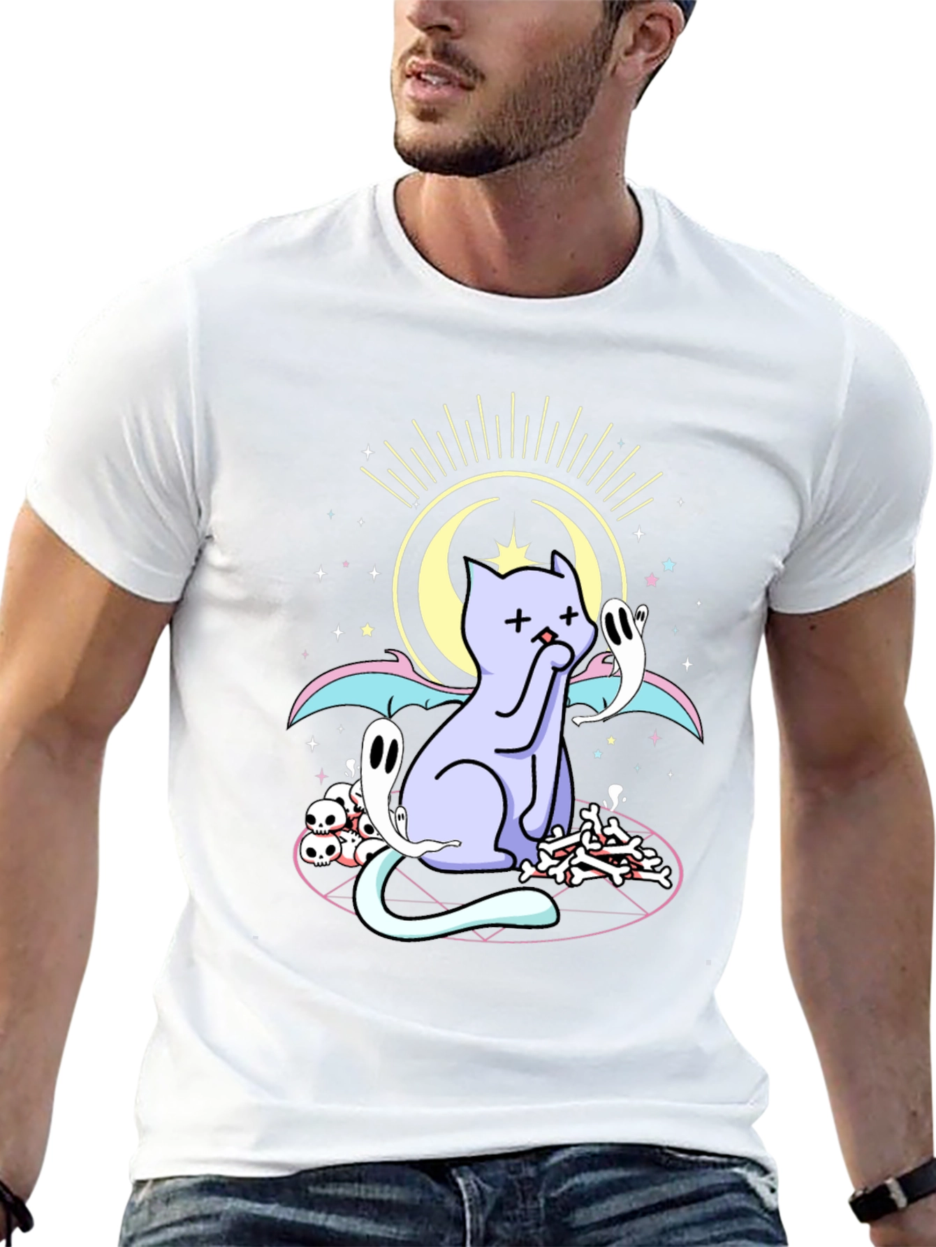 Mystical Cat Print Black T-Shirt