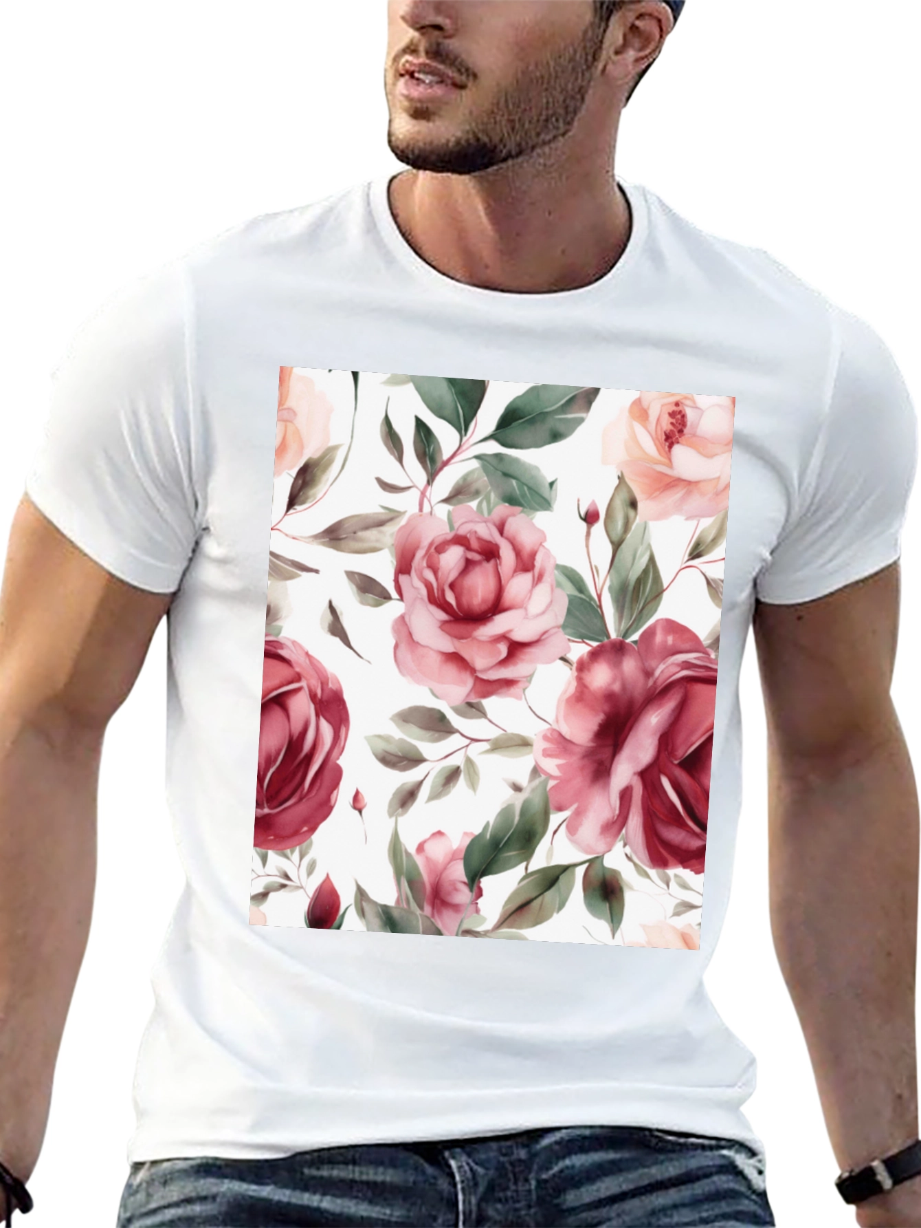 Floral Roses Print Black T-Shirt