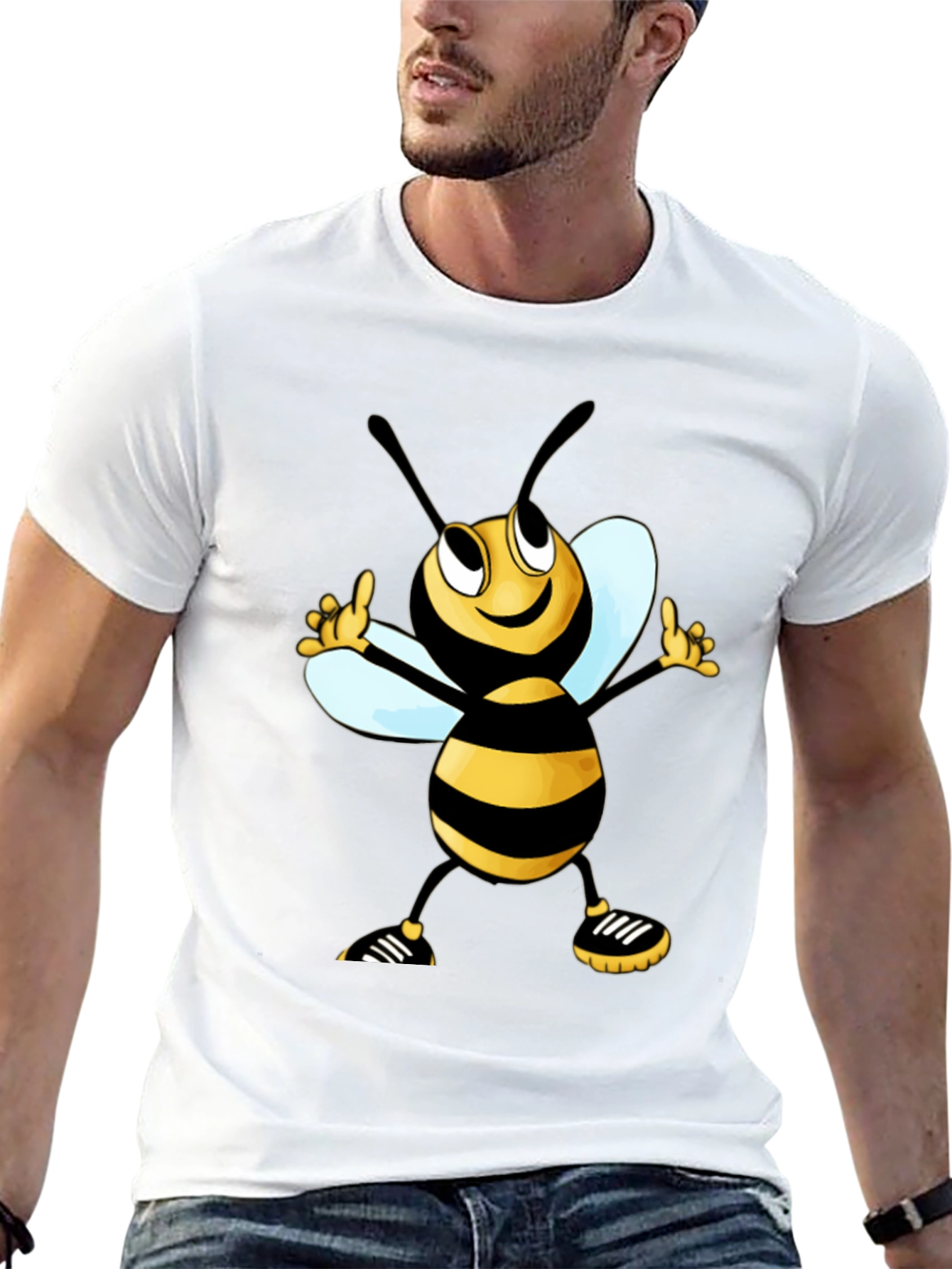 Cartoon Bee Graphic Tee - Black Cotton T-Shirt