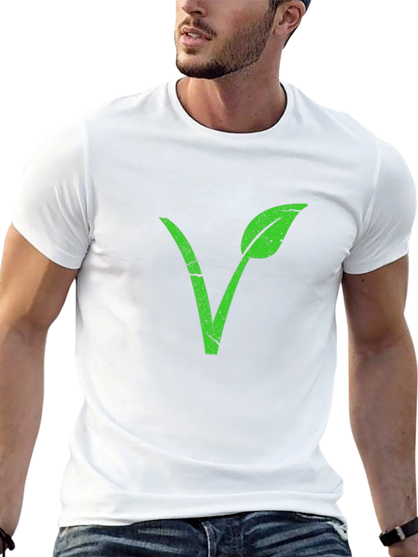 Vegan Symbol T-Shirt - Green Leaf V Design