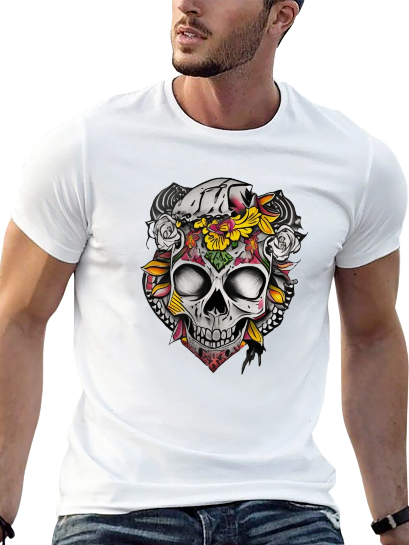Floral Skull Graphic Tee - Dark Cotton T-Shirt