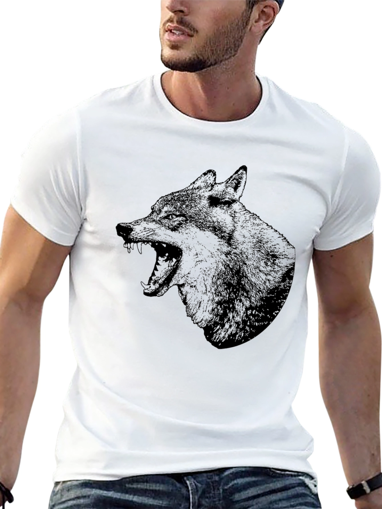 Mens Black T-Shirt with Wolf Graphic Print