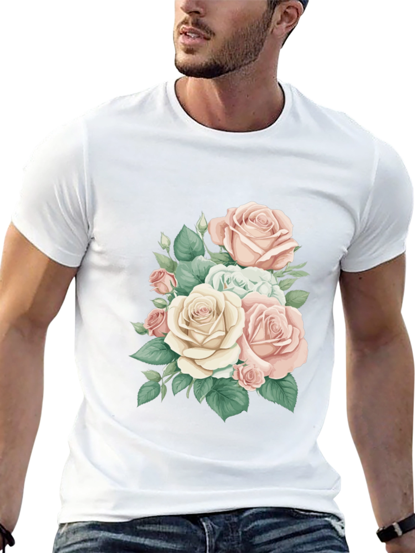 Elegant Floral Rose Print Black T-Shirt