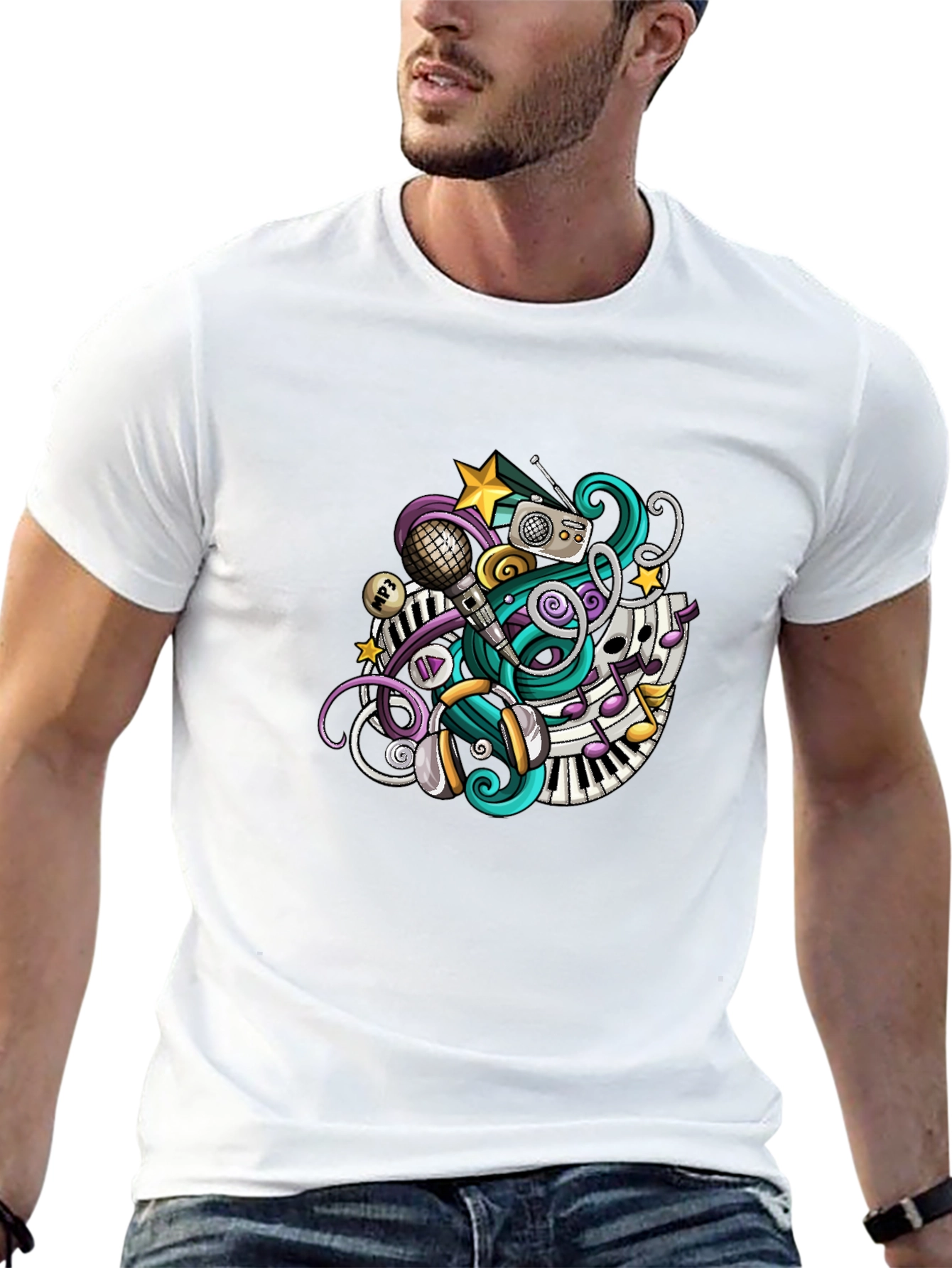 Musical Doodle Graphic Tee - Black Crew Neck T-Shirt
