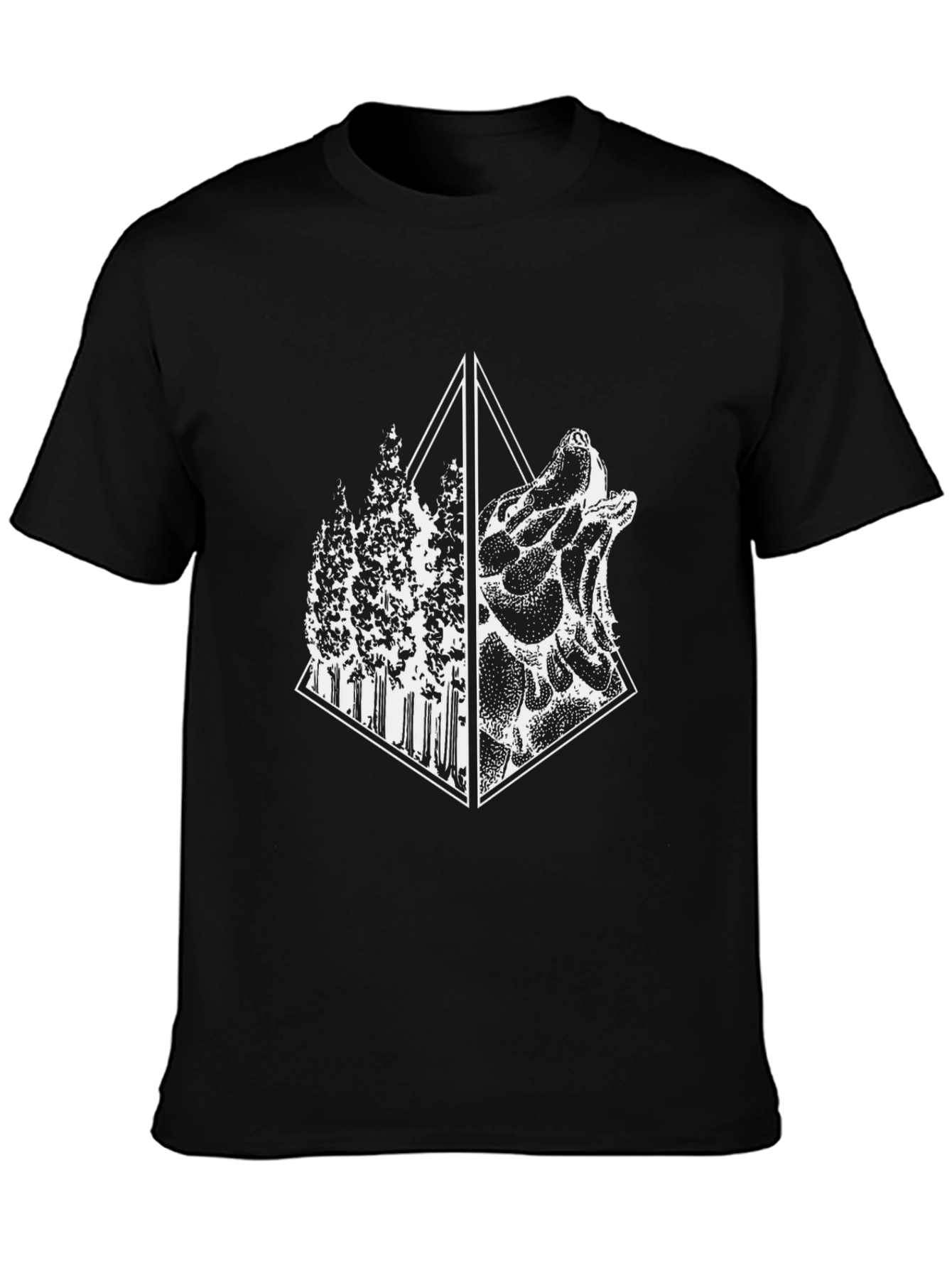 Geometric Wolf & Forest Graphic Tee - Black