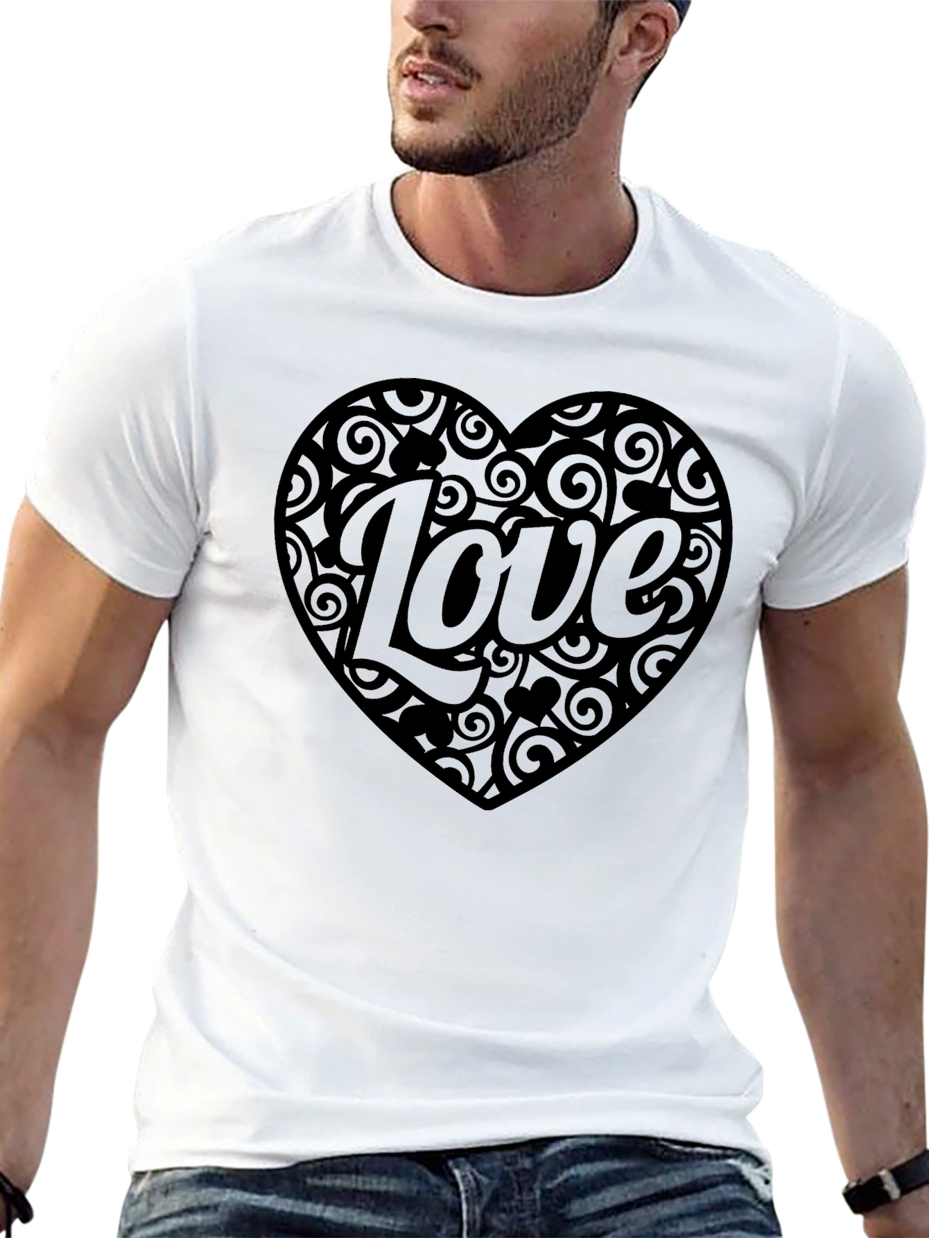 Love Heart Swirls Mens Black T-Shirt