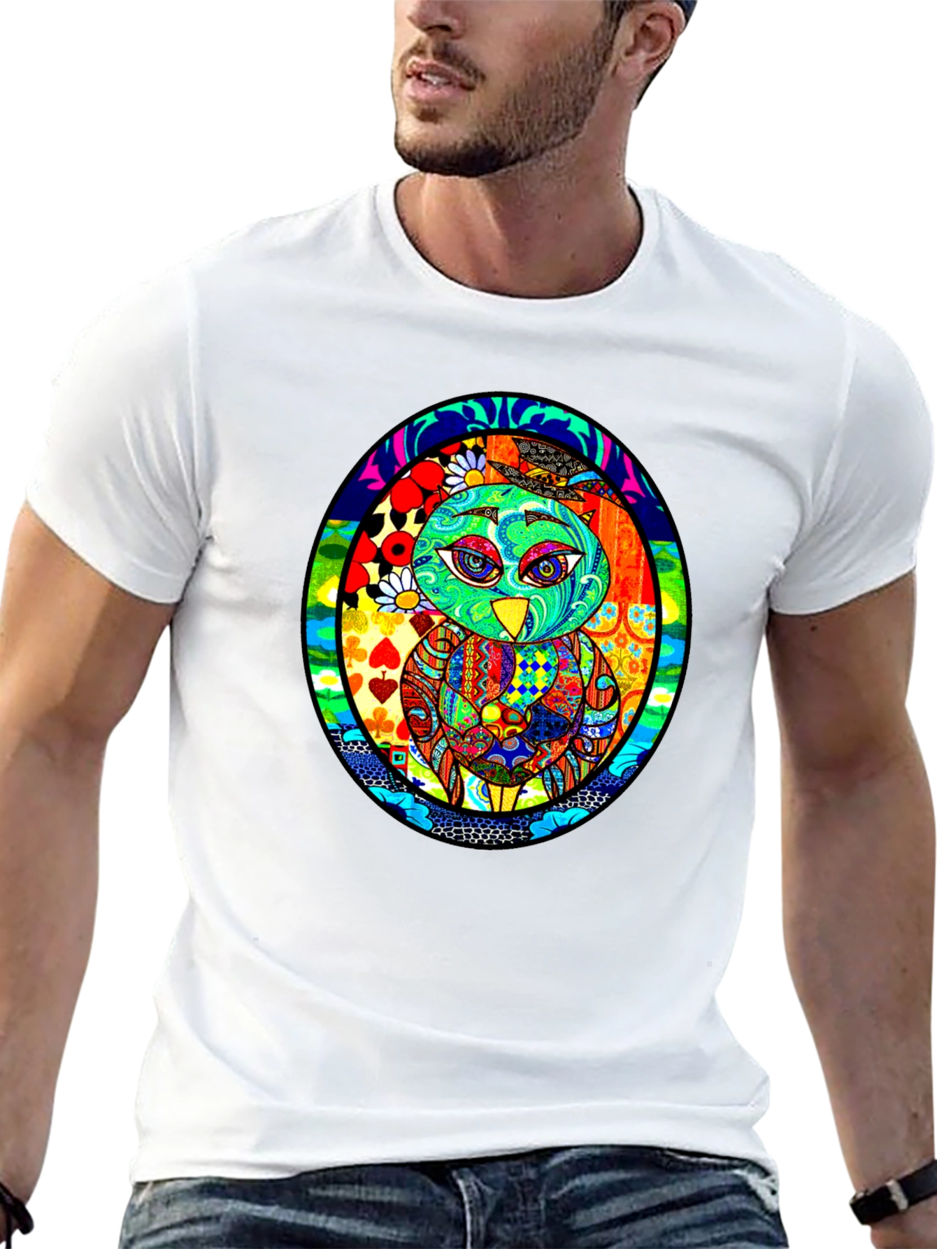 Vibrant Owl Graphic Black T-Shirt
