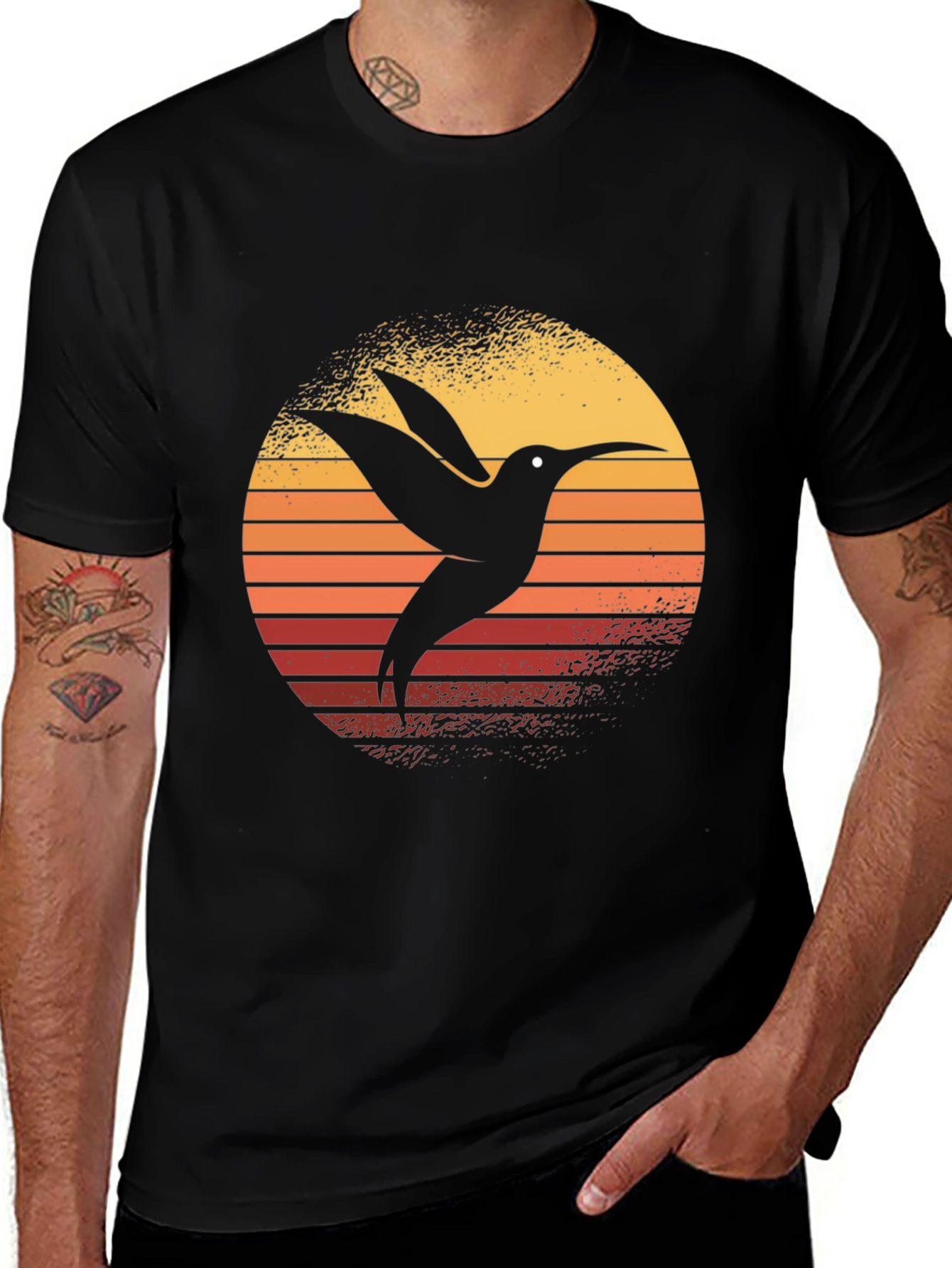 Hummingbird Sunset Graphic Tee - Stylish Black T-Shirt