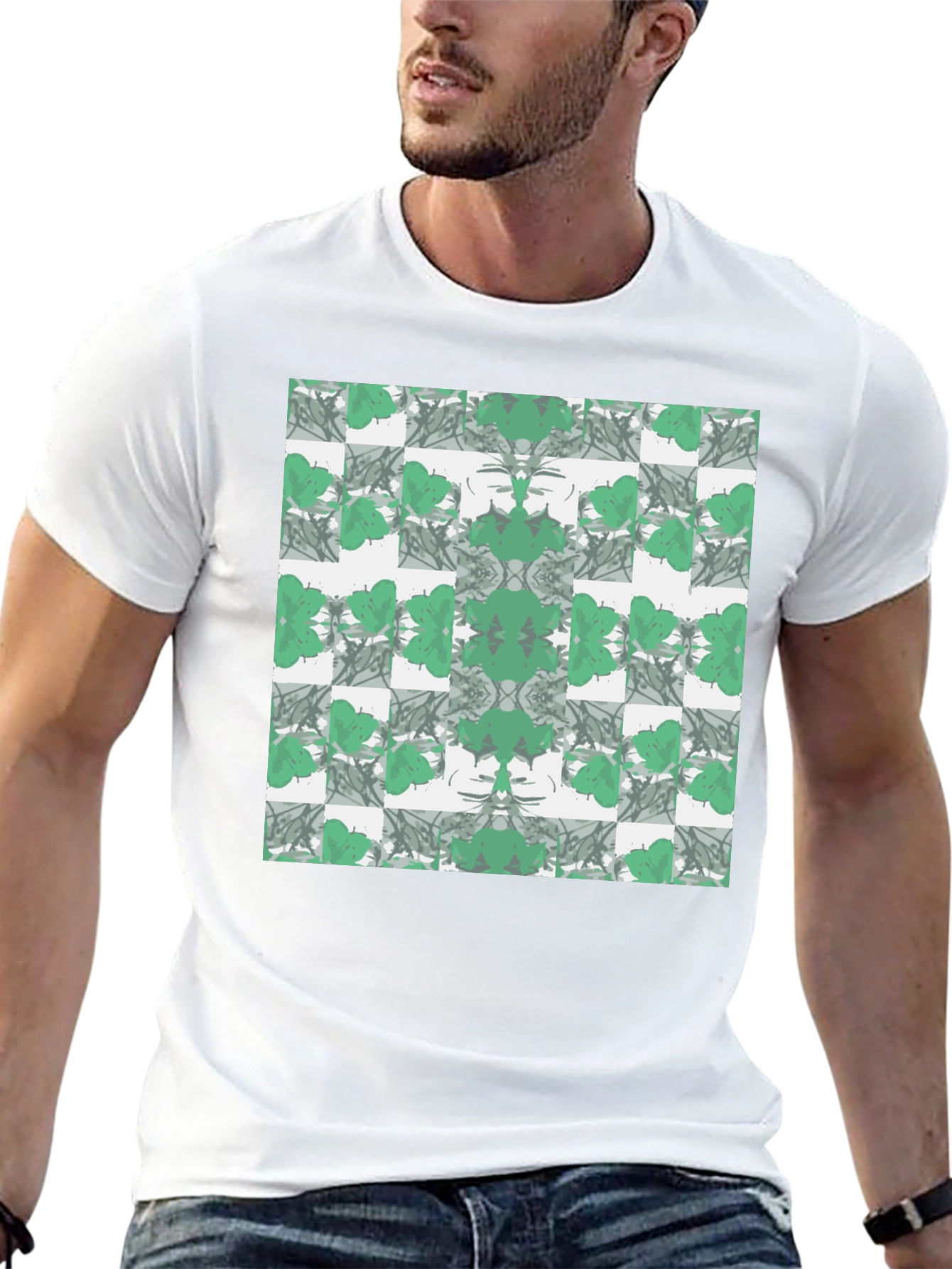 Abstract Green Floral Pattern Black T-Shirt