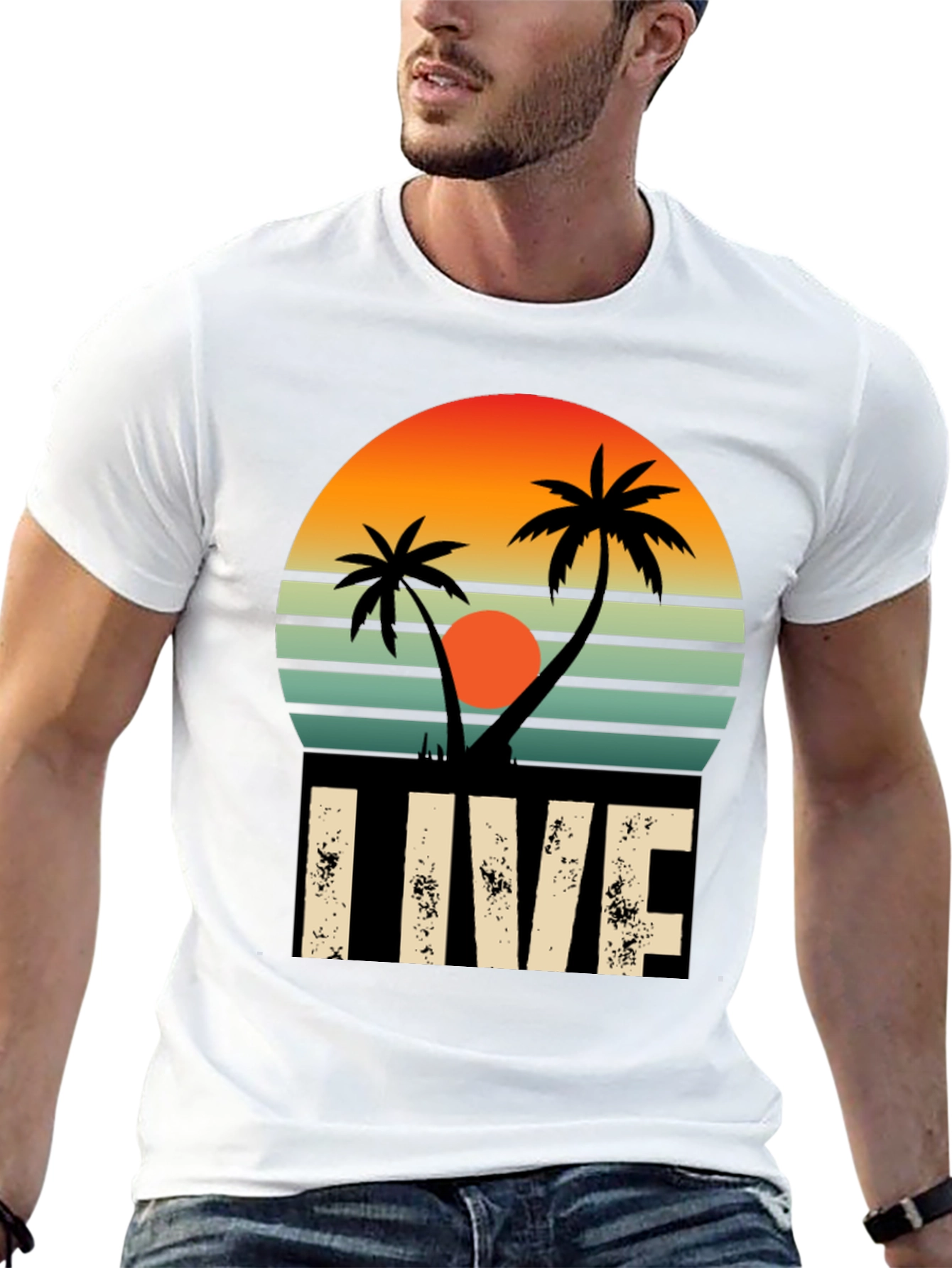 Retro Palm Tree Sunset Graphic Tee - LIVE