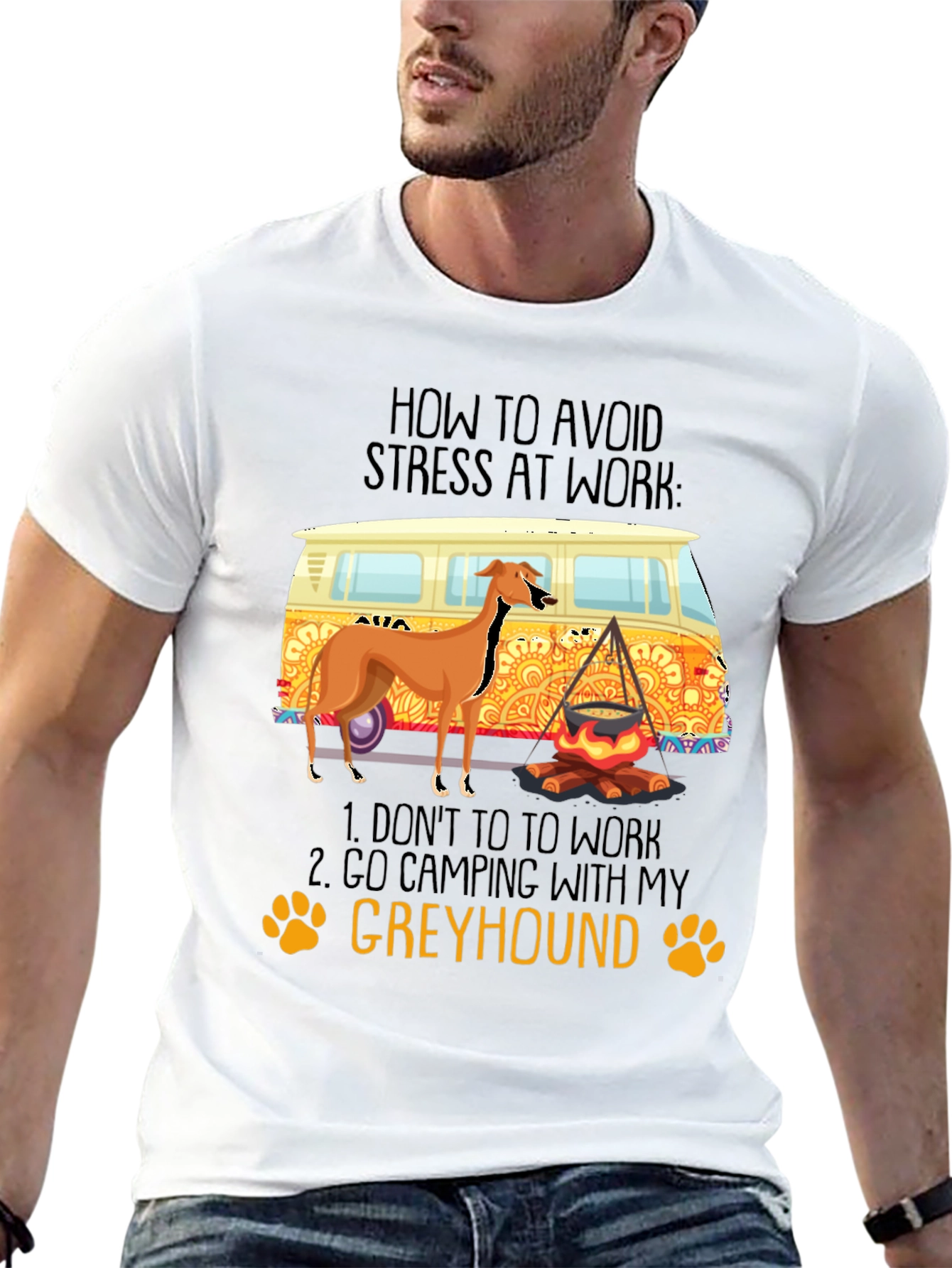 Greyhound Camping T-Shirt - Avoid Work Stress!