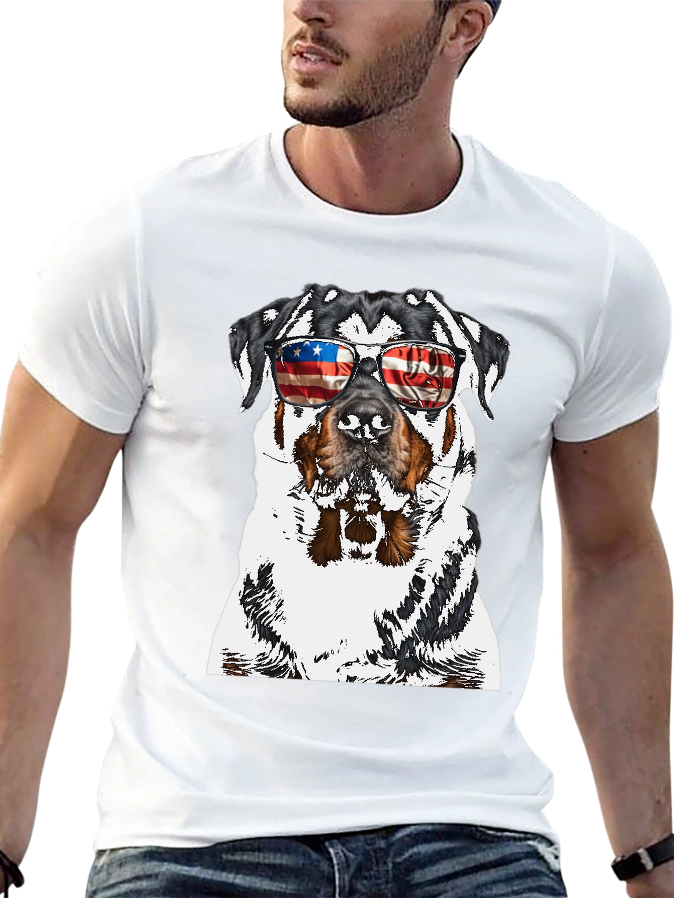 Rottweiler Dog Patriotic USA Flag Sunglasses T-Shirt
