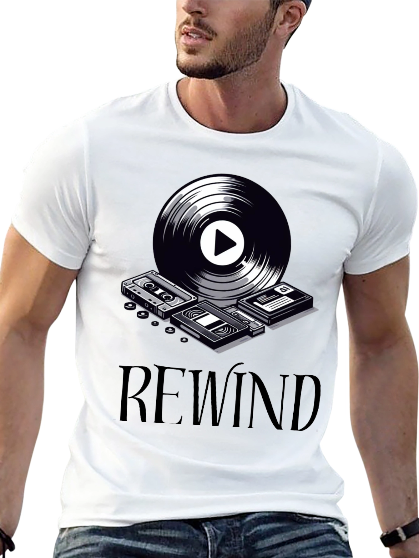 Rewind Retro Music Graphic Tee - Black