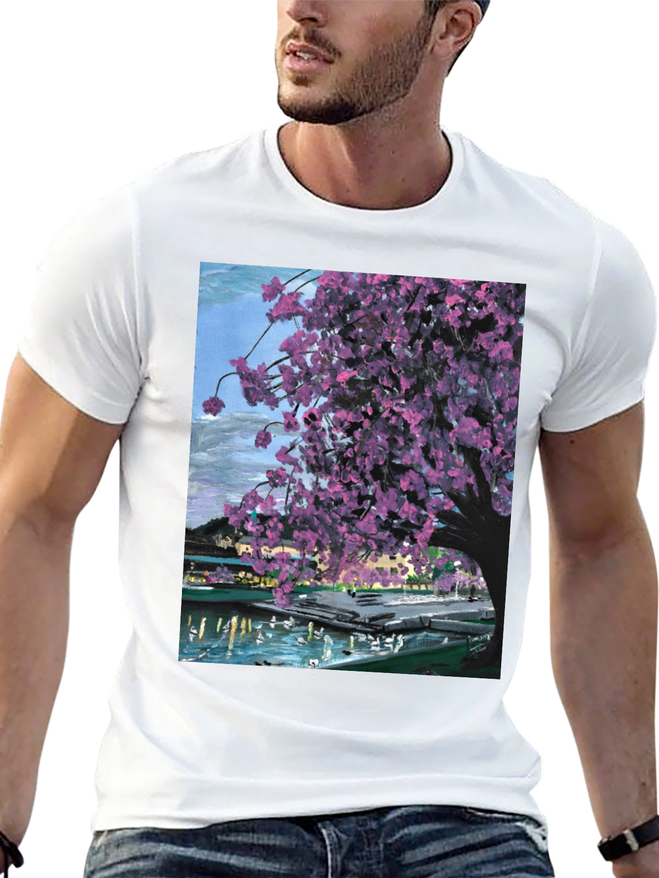Cherry Blossom Art Graphic Tee - Black Cotton Blend