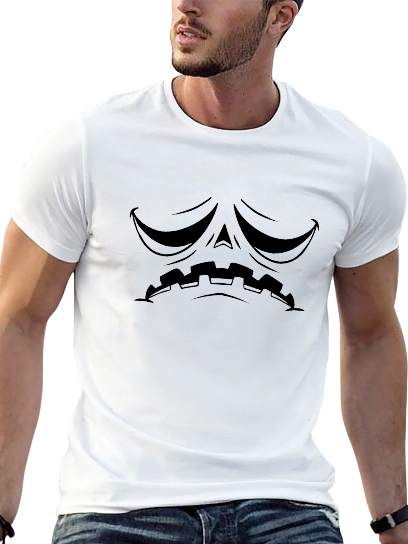 Mens Black T-Shirt with Sad Pumpkin Face