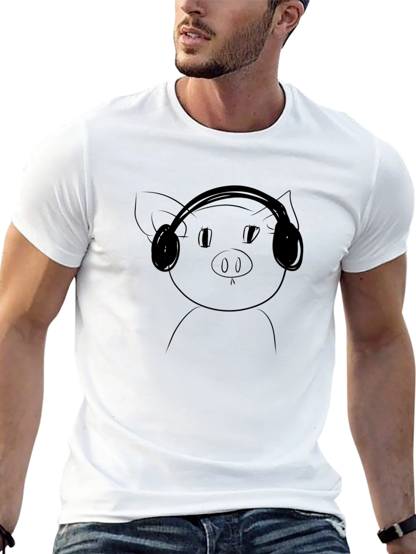 Pig with Headphones Black T-Shirt