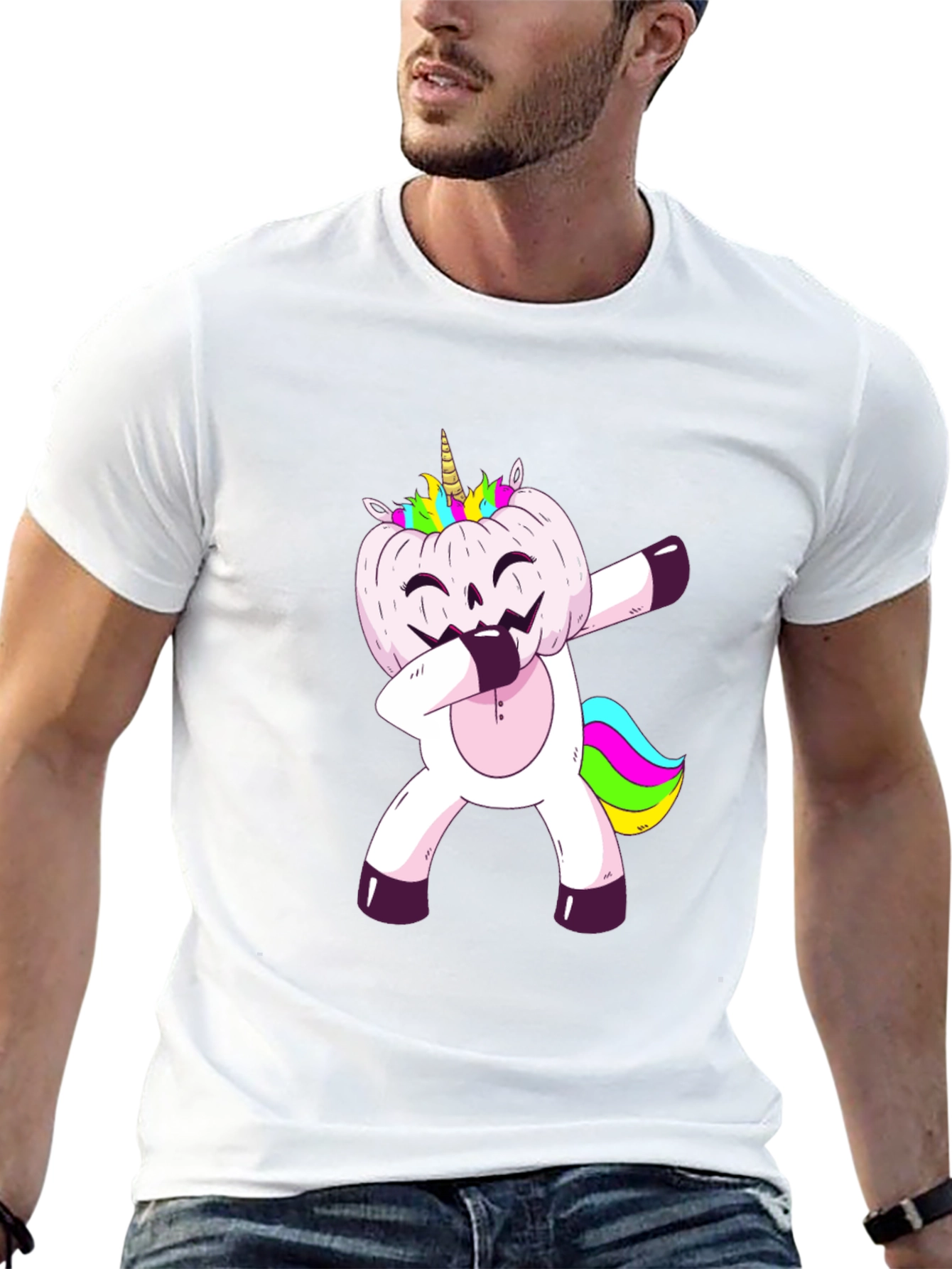 Unicorn Pumpkin Dabbing Mens Graphic T-Shirt