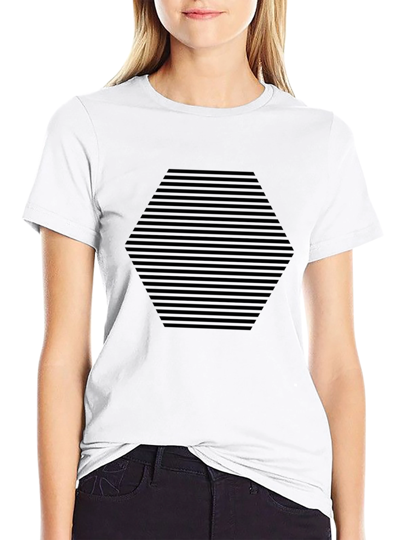 Mens Black Geometric Hexagon Striped T-Shirt