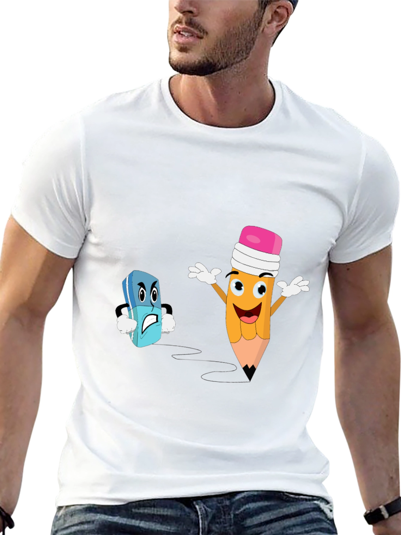 Funny Pencil vs Eraser Cartoon Black T-Shirt